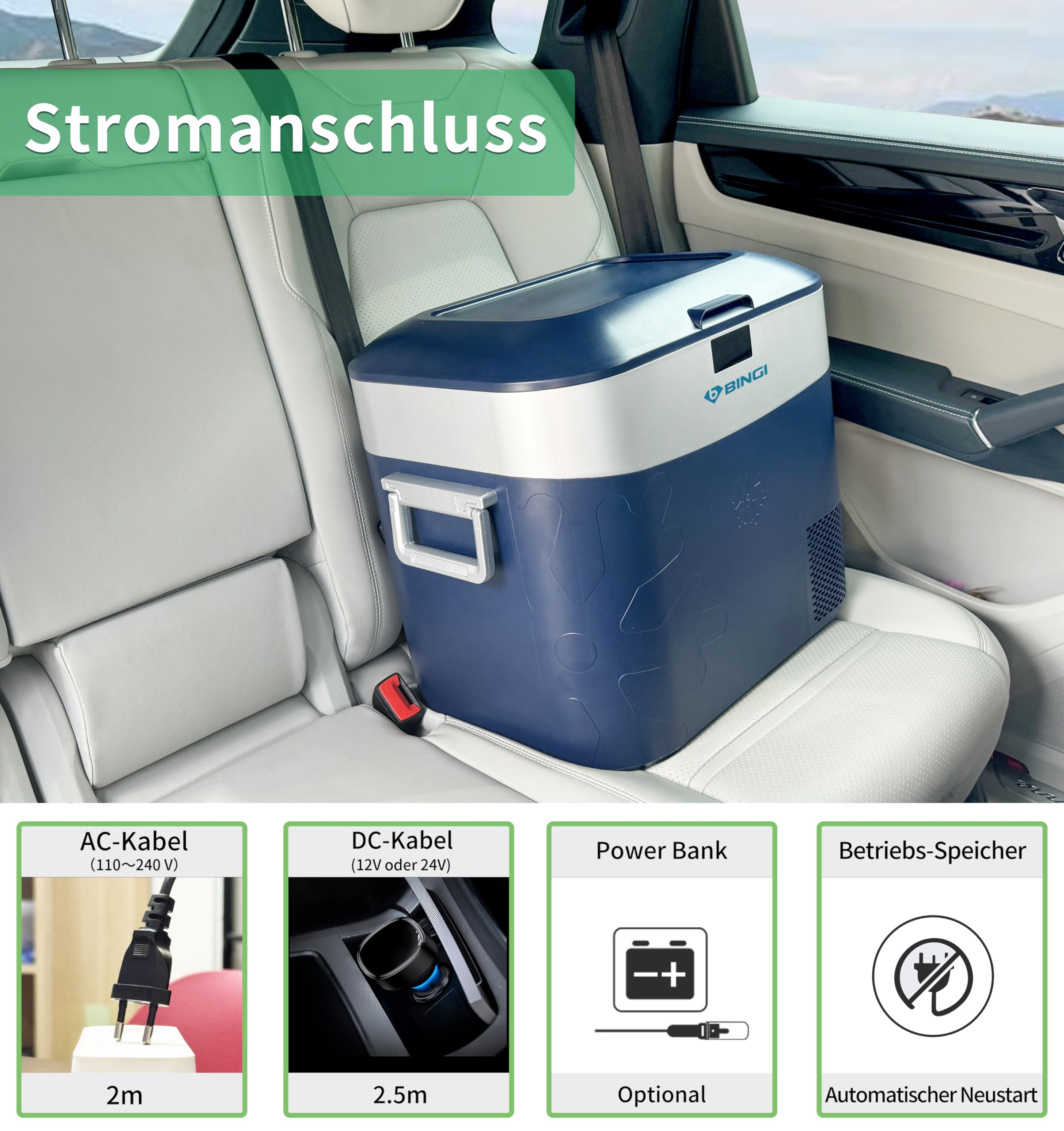 BINGI Kompressor Kühlbox 22L Tragbarer Auto Kühlschrank 12/24V DC und 230V AC Mini Gefrierschrank für Auto, LKW, Camping, Wohnmobil und Zuhause (15℃ bis -18℃)