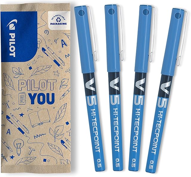 Pilot V5 Liquid Ink Rollerball 0.5mm Tip - Blue, Pack of 4