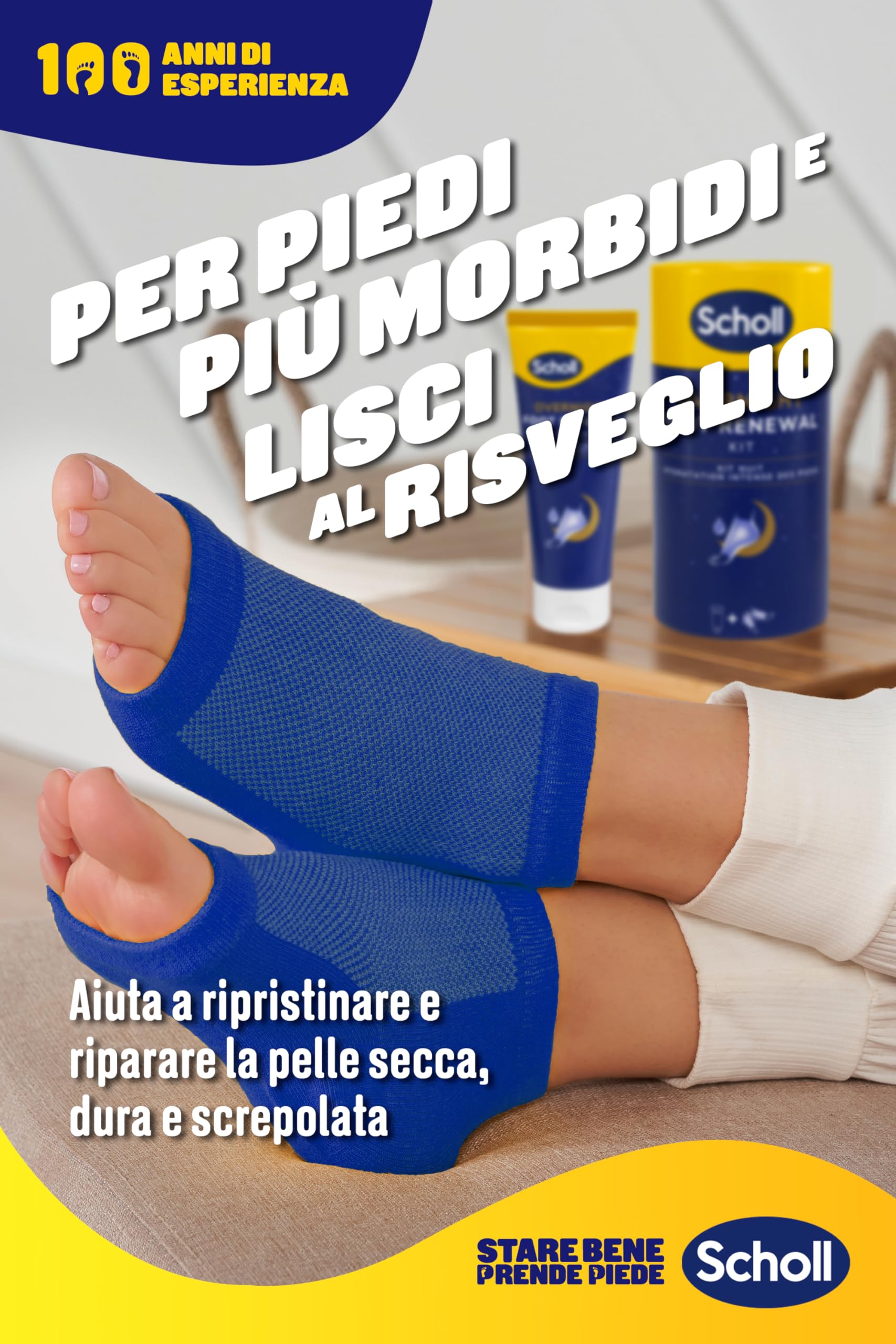 Scholl Overnight Foot Renewal Kit, Kit da Notte per l'Idratazione Intensa dei Piedi Secchi con Talloni Screpolati, Contiene 1 Crema Piedi Idratante con Urea al 5% e 1 Paio di Calzini Riutilizzabili