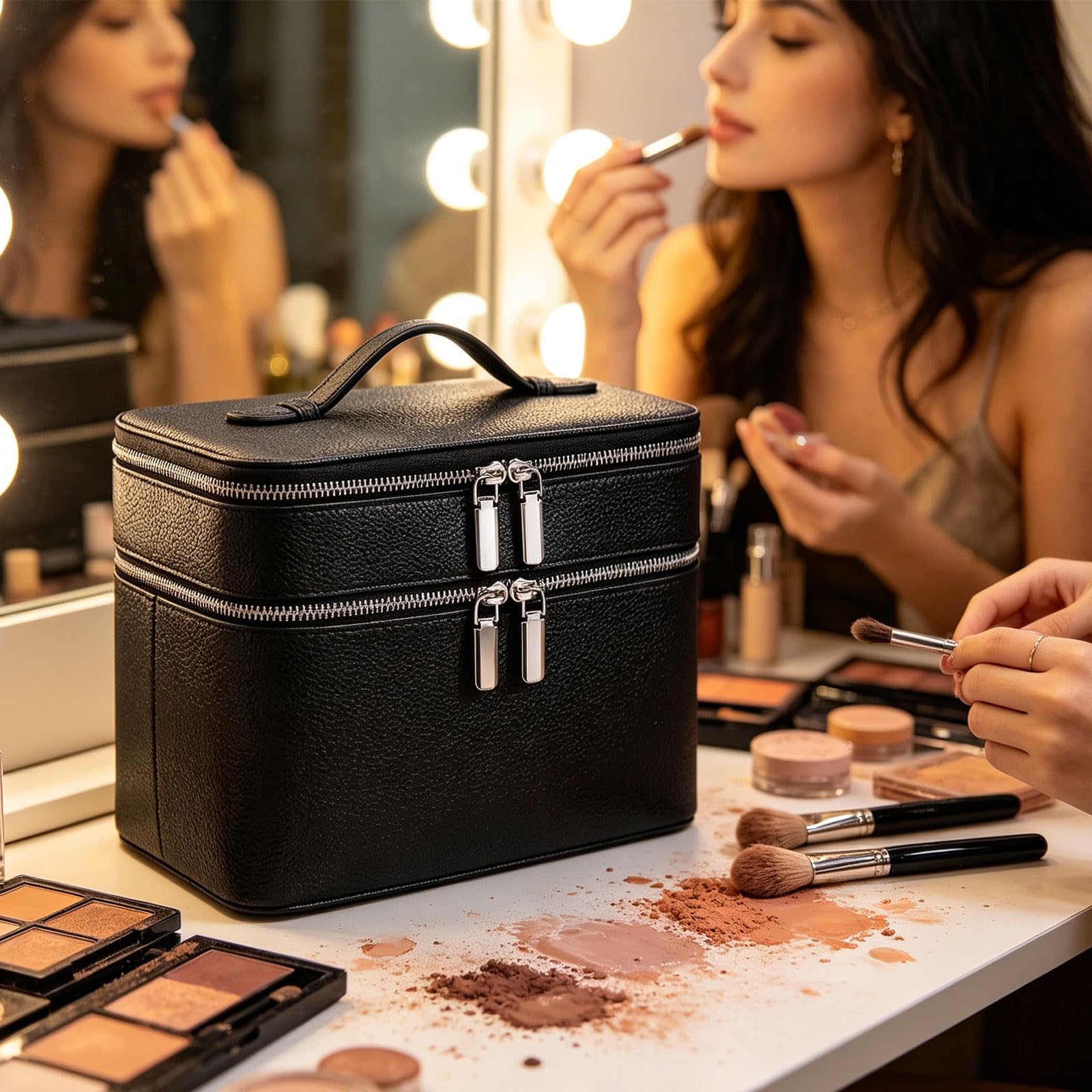 Doppelschichtige Kosmetiktasche mit großer Kapazität, PU Leder, wasserdicht, leicht, ideal für Reisen und den täglichen Gebrauch, Make up Planer für den täglichen Gebrauch