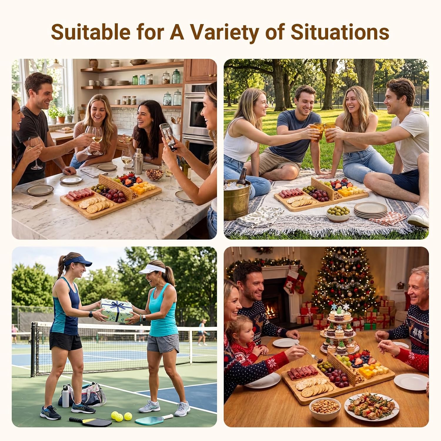 Bamboo Pickleball Court Charcuterie Board with Removable Net and 4 Forks,2-in-1 Serving and Cutting Board with Engraved Snack Zones for Parties,Unique Pickleball Gift for Women and Men