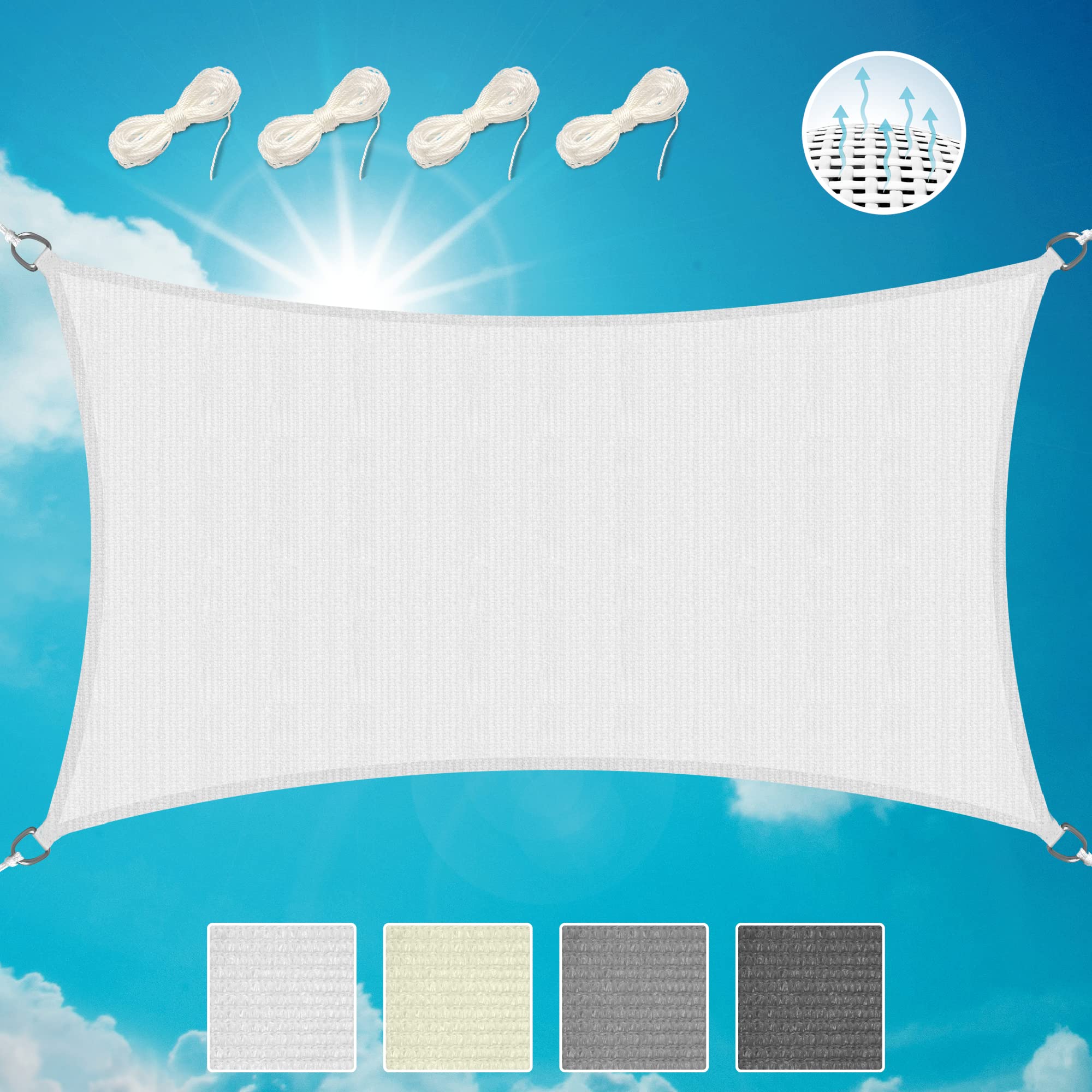 Sol Royal Sonnensegel rechteckig 2x4m Wasserdurchlässig HDPE Atmungsaktiver Balkon Terrasse Segeltuch UV Sonnenschutz Segel Garten Pool Camping Weiß – Shade Sails HS9