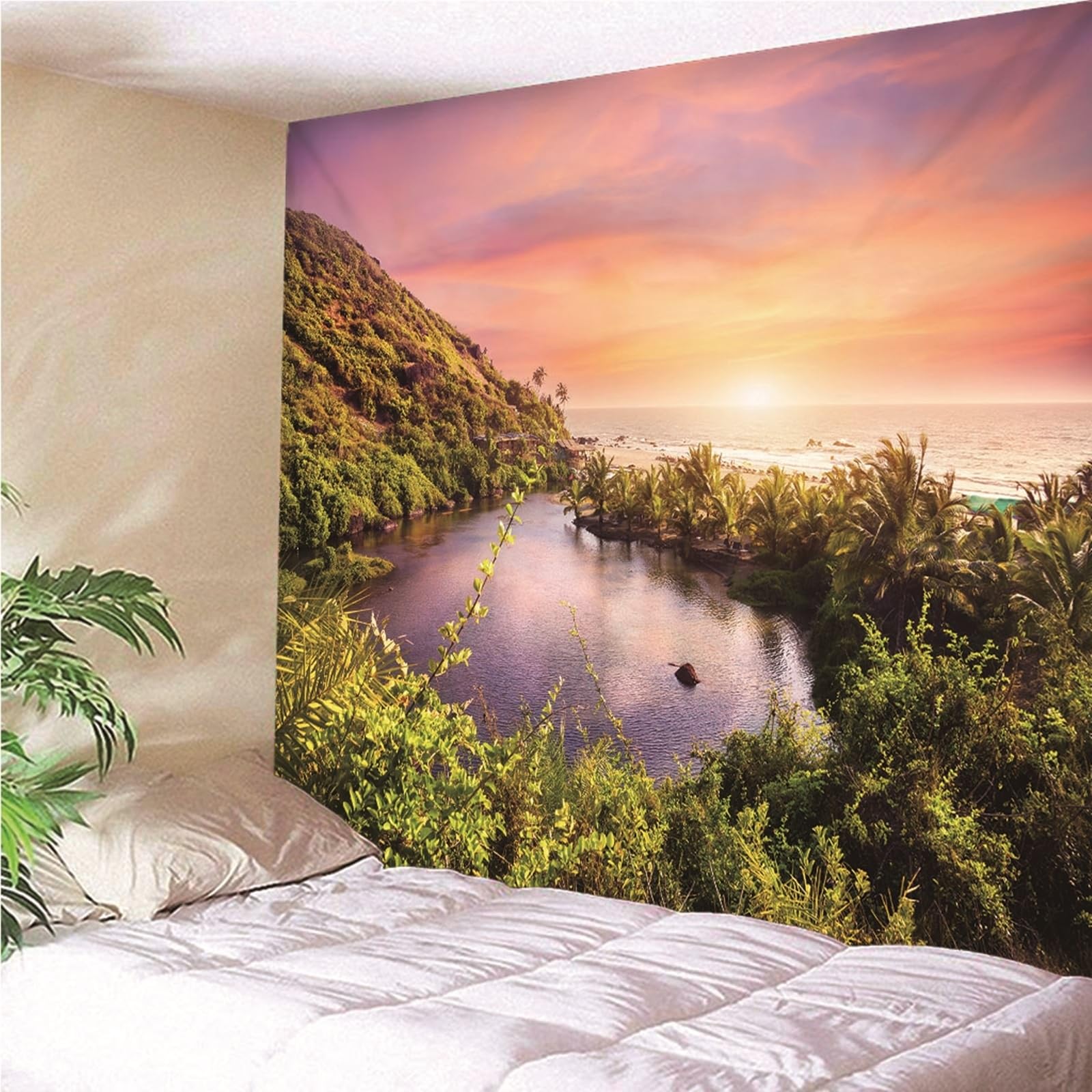 Lieson Arazzo Decorativo, Arazzi da Parete Moderni 260x240CM Alberi Oceano Al Tramonto Tappeti Parete Camera Letto Per Decorazione Della Casa, Verde Viola