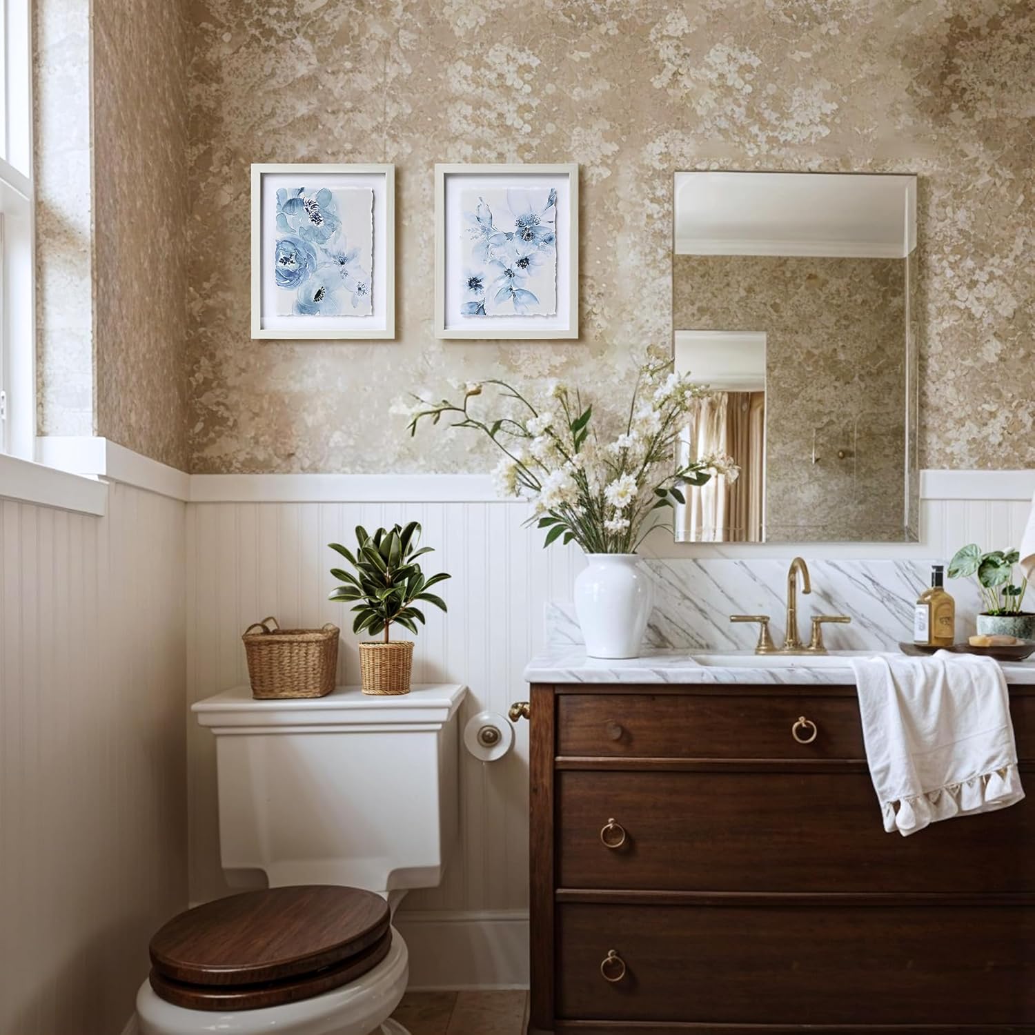 ArtbyHannah Framed Bathroom Wall Art Decor, 8x10 Inch 3D Light Blue Watercolor Florals with Torn Edge Floating Effect, Moisture Proof Prints Pictures Artwork for Bathroom, Bedroom Decor (2 Pack)