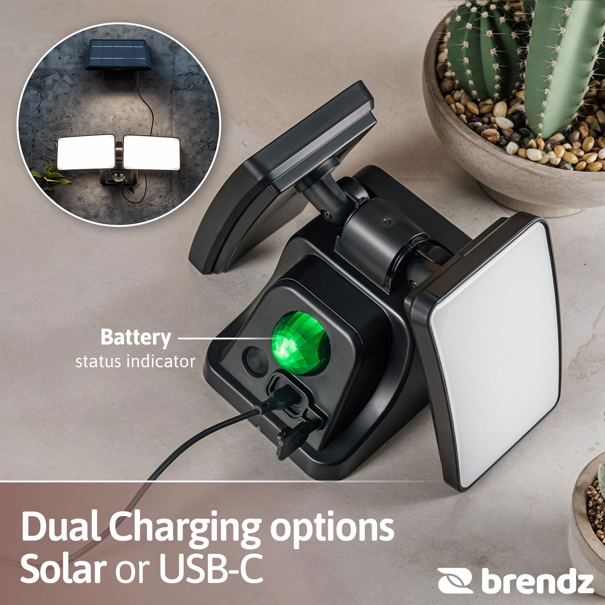 Brendz Faretto LED con sensore di movimento, 600 lumen, IP44, impermeabile, durata della luce regolabile, lampada da parete solare per esterni, faretto LED con sensore, Skye, faro