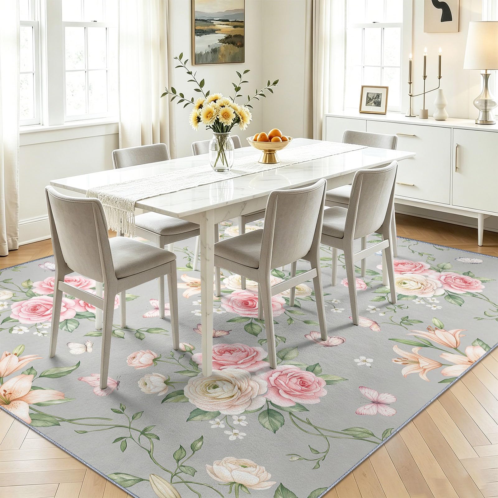 Natur Kurzflor Teppich | 80 x 150 cm Floral Schmetterlinge Blätter Maschinenwäsche Pflegeleicht strapazierfähig， für Kinderzimmer, Schlafzimmer Wohnzimmer