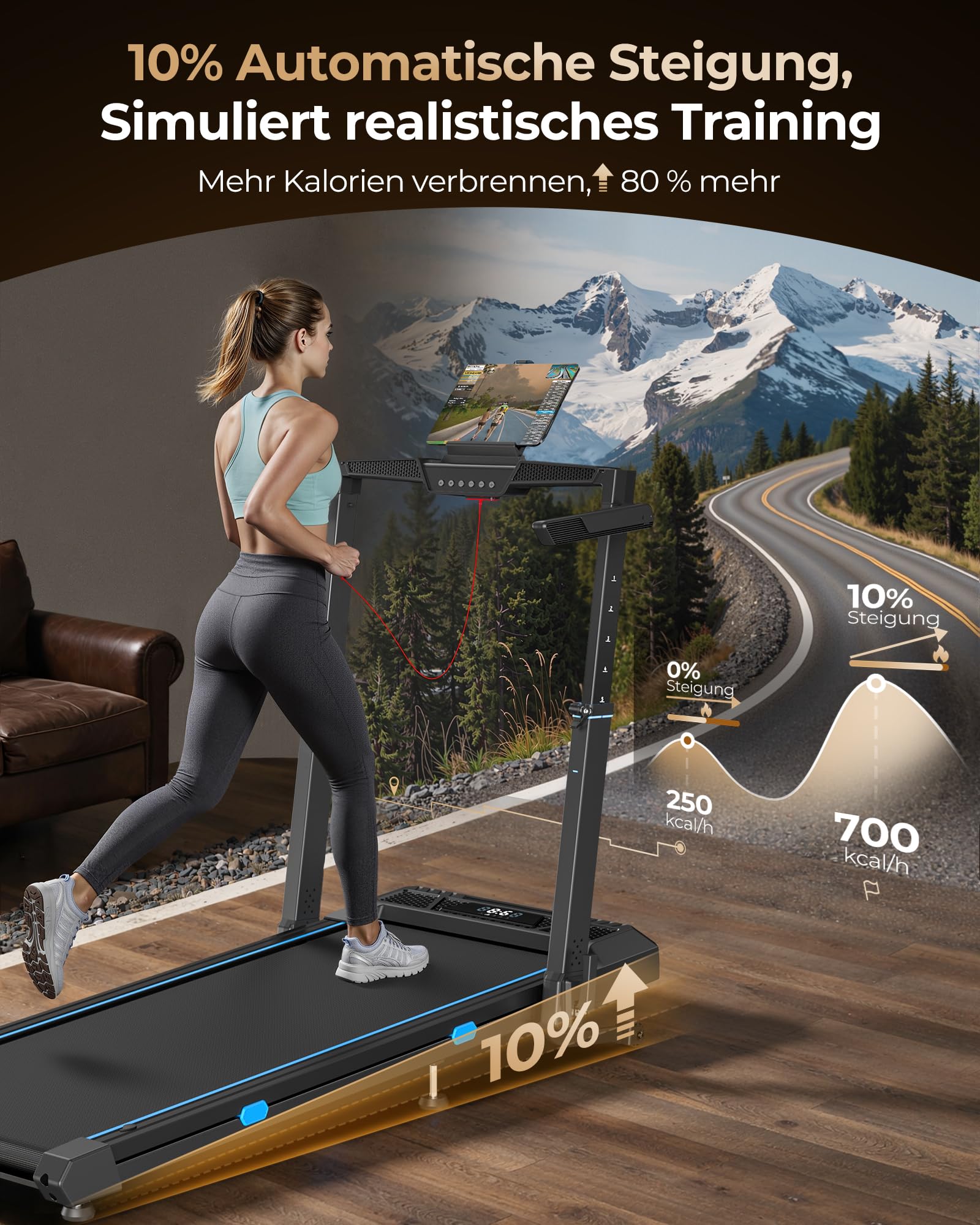 Cardirun Laufband für Zuhause Klappbar mit Automatischer Steigung, 14 KM/H | 6 in 1 Walking Pad mit 104cm Höhenverstellbarer Griff, 14KM/H, 3.5HP Leise Treadmill for Home mit LED-Anzeige, 160 KG