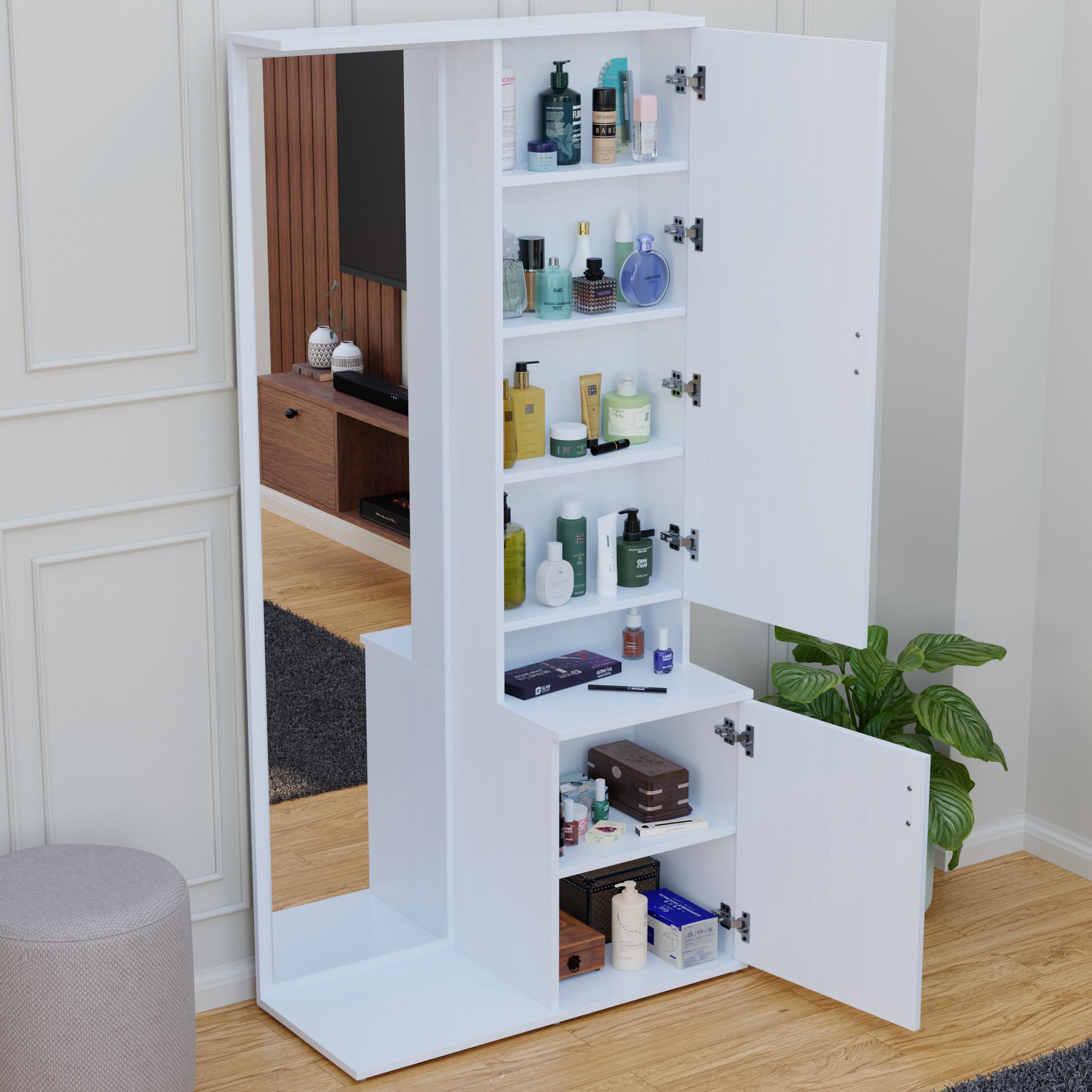 WOODCLOUD Engineered Wood Dressing Table with Full-Length Mirror, White | 180 cm Height, Closed Cabinet & Open Shelf, Metal Handles, Makeup Organiser, Space-Saving Design-picture-14