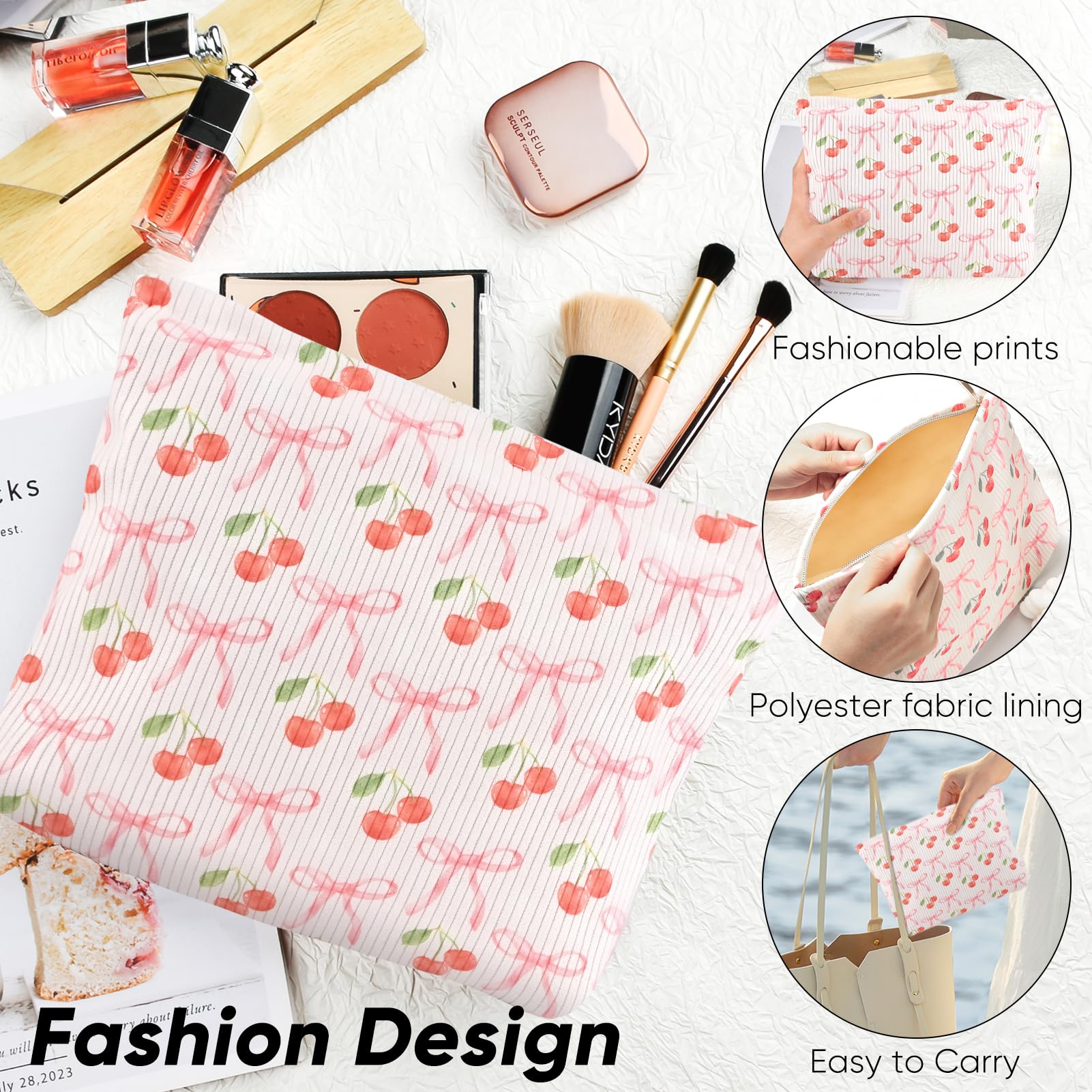 Ksriylm Cute Cosmetic Bag for Women,Cherry and Bow Canvas Toiletry Organizer Storage with Purse Zipper,Small Pink Multifunctional Travel Makeup Bag,Aesthetic Travel Toiletry Bags - Image 4