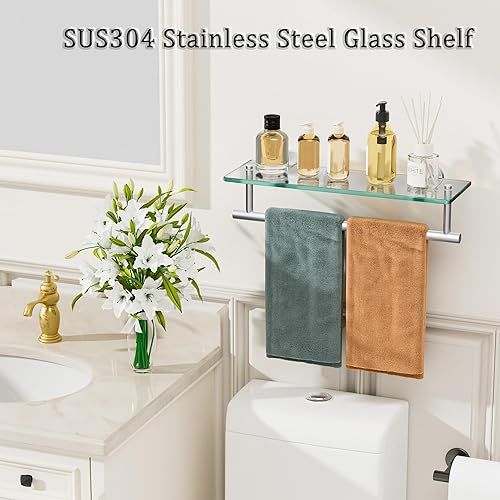 Miniatura 6 de Alise Estantes de vidrio para baño, estantes flotantes de vidrio de 15.7 pulgadas para pared, estantes flotantes de acero inoxidable SUS304 para