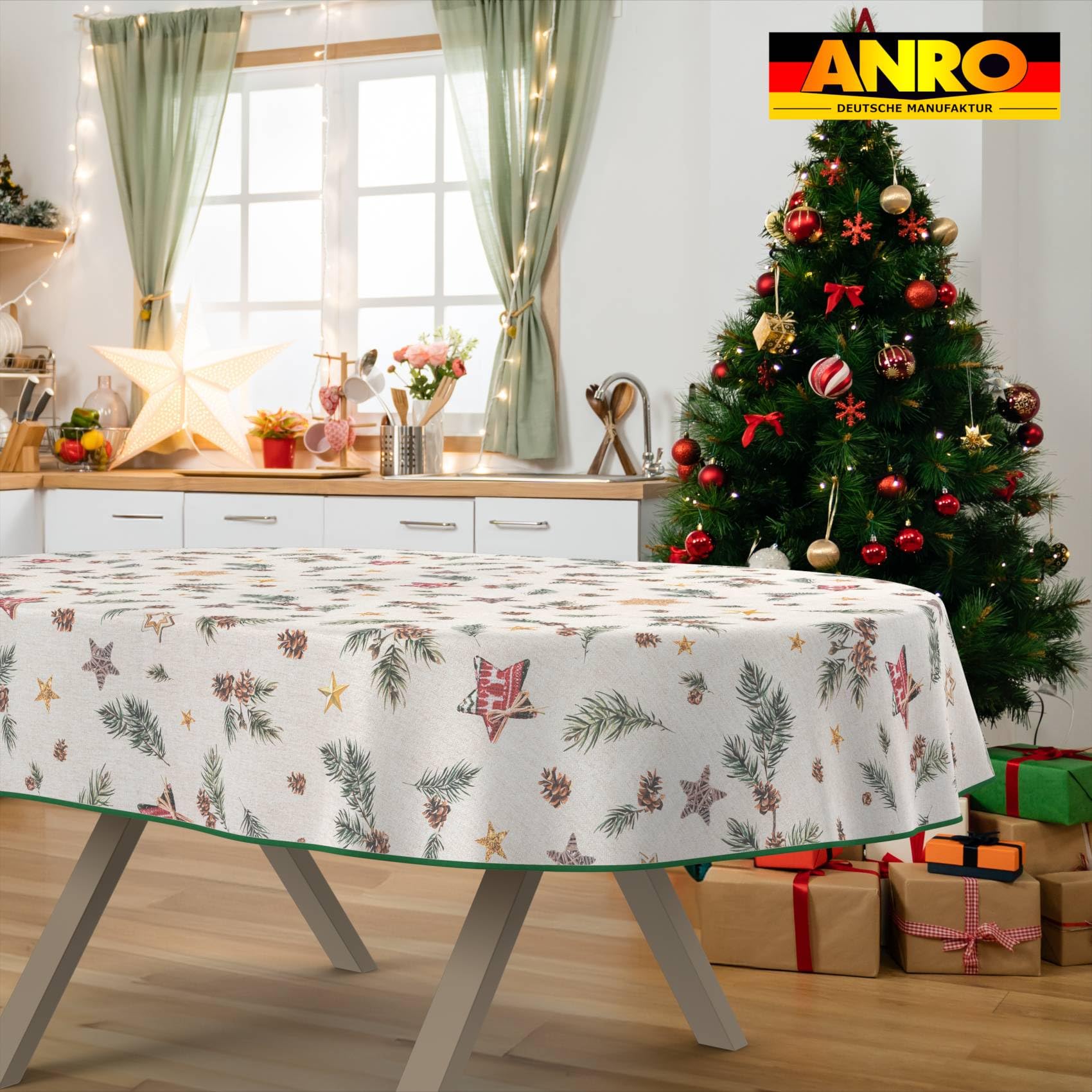 ANRO Tischdecke abwaschbar Weihnachten Stern mit Saum oval 180x140 cm