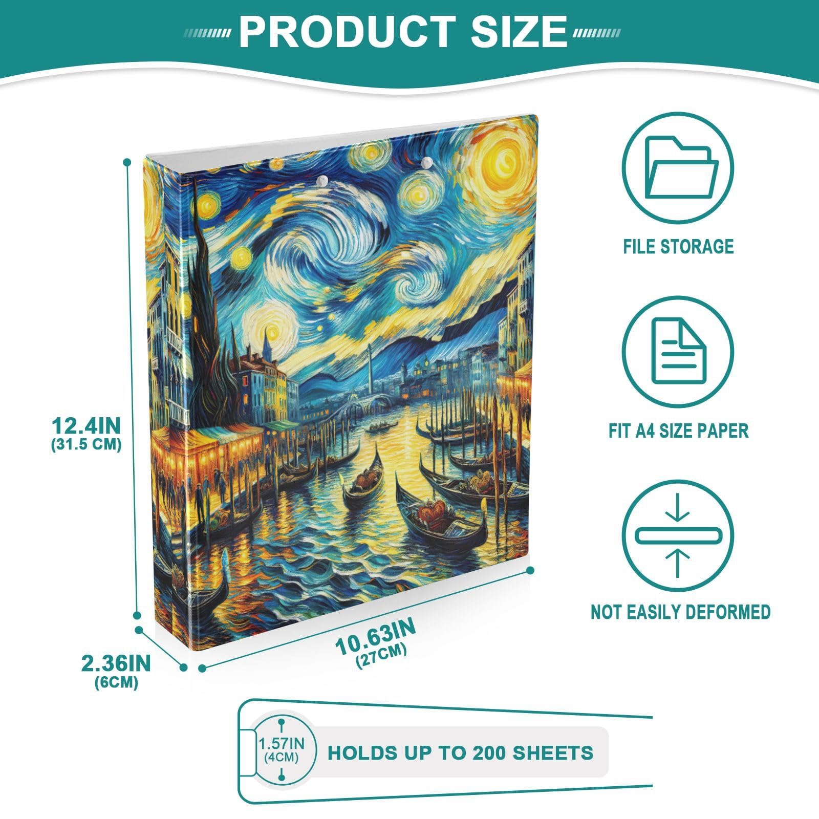 Raccoglitore a tre anelli, Venezia Starry Sky D, con portablocco grande, 3 raccoglitori per scuola, università, ufficio