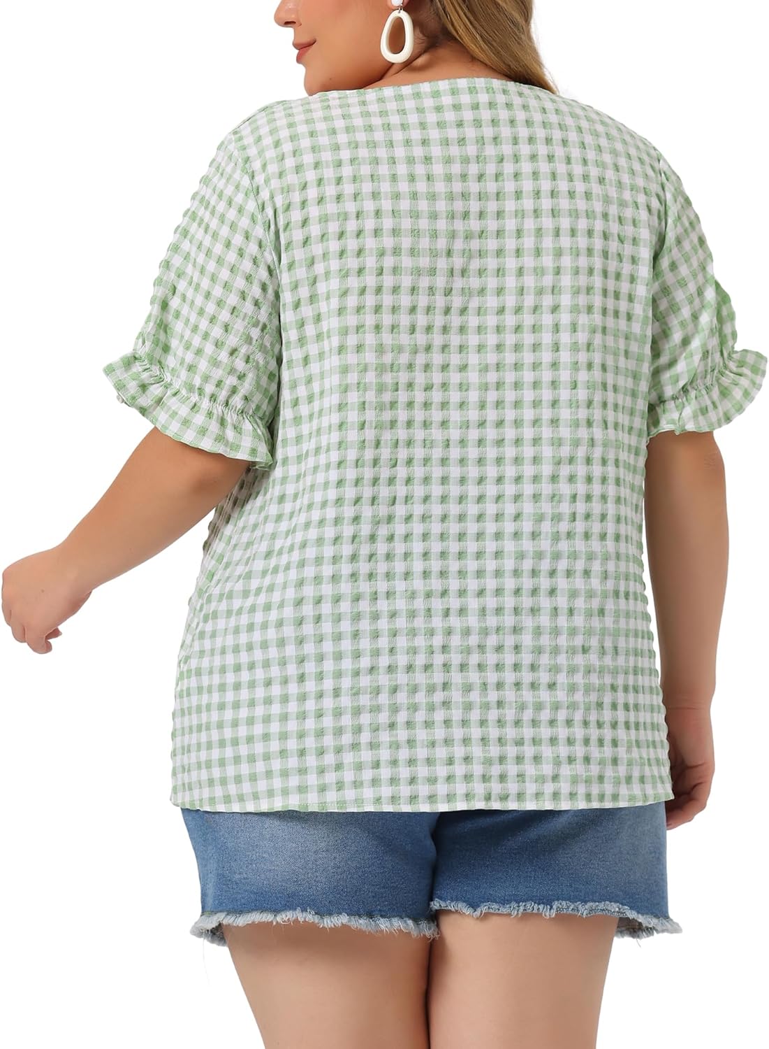 Agnes Orinda Women's Plus Size Gingham Tops 1950s Sweetheart Neck Flounce Sleeve Summer Blouse Top - Image 4
