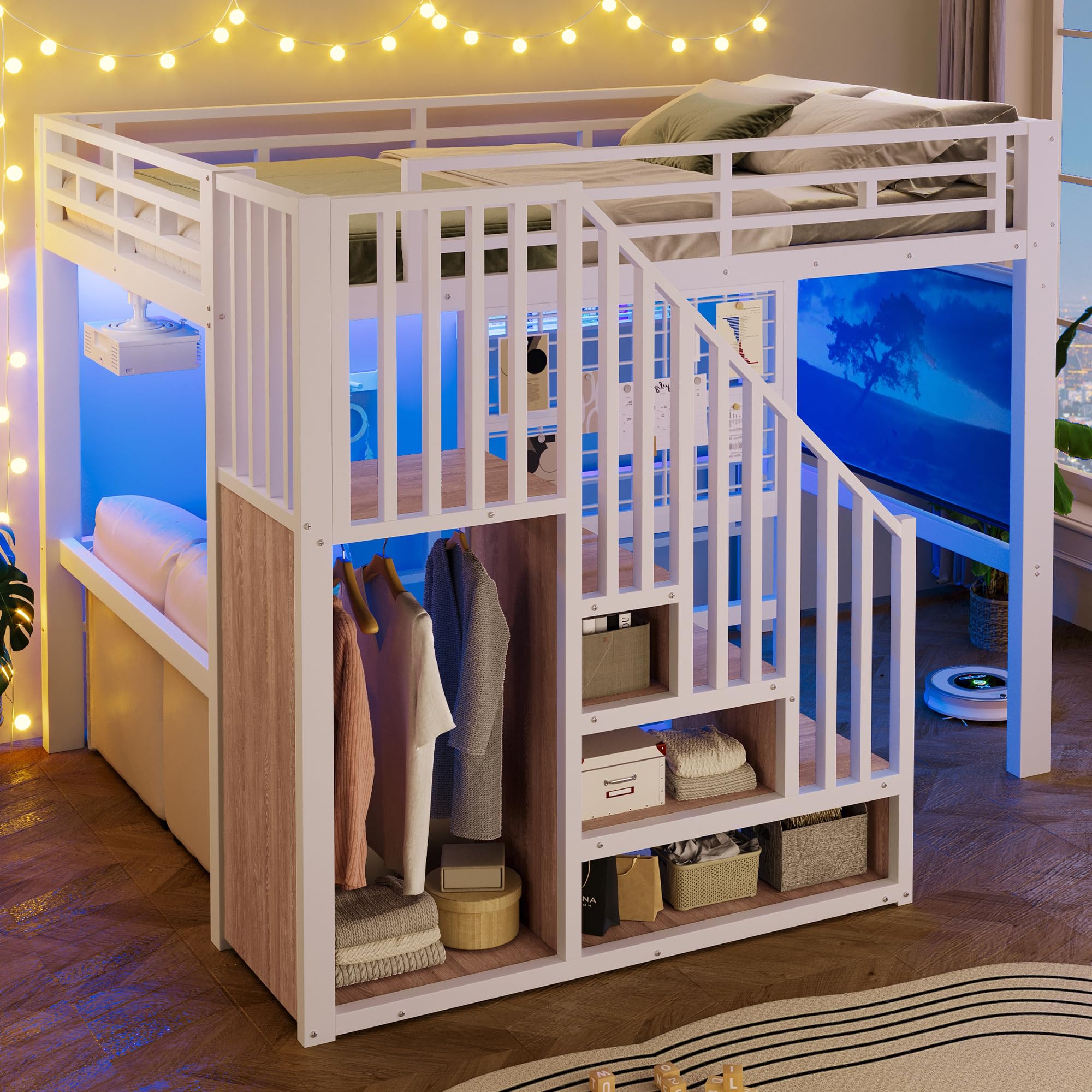 Azkoeesy Cama alta de metal con escalera de seguridad, barra para colgar, luces LED controlable mediante aplicación, panel de rejilla, ahorro de espacio, adolescentes y adultos (blanco, 140 x 200)