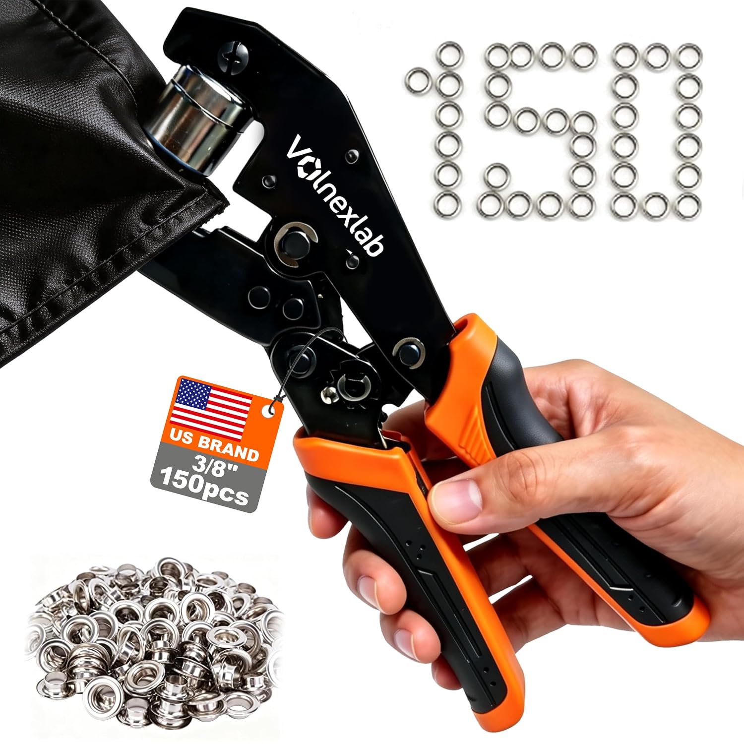 Grommet Tool Kit 3/8 Inch, Ratcheting Eyelet Pliers with Magnetic Head and 150 Metal Grommets, Handheld Grommet Setter for Canvas, Banner, Tarps, Tents, Vinyl and DIY Crafts