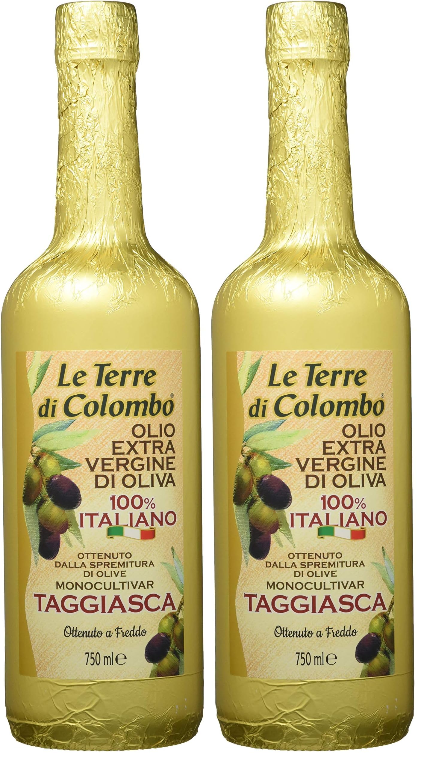 Le Terre di Colombo Aceite de Oliva Virgen Extra Taggiasca, Botella envuelta en Papel Dorado, 0.75 L (Paquete de 2)