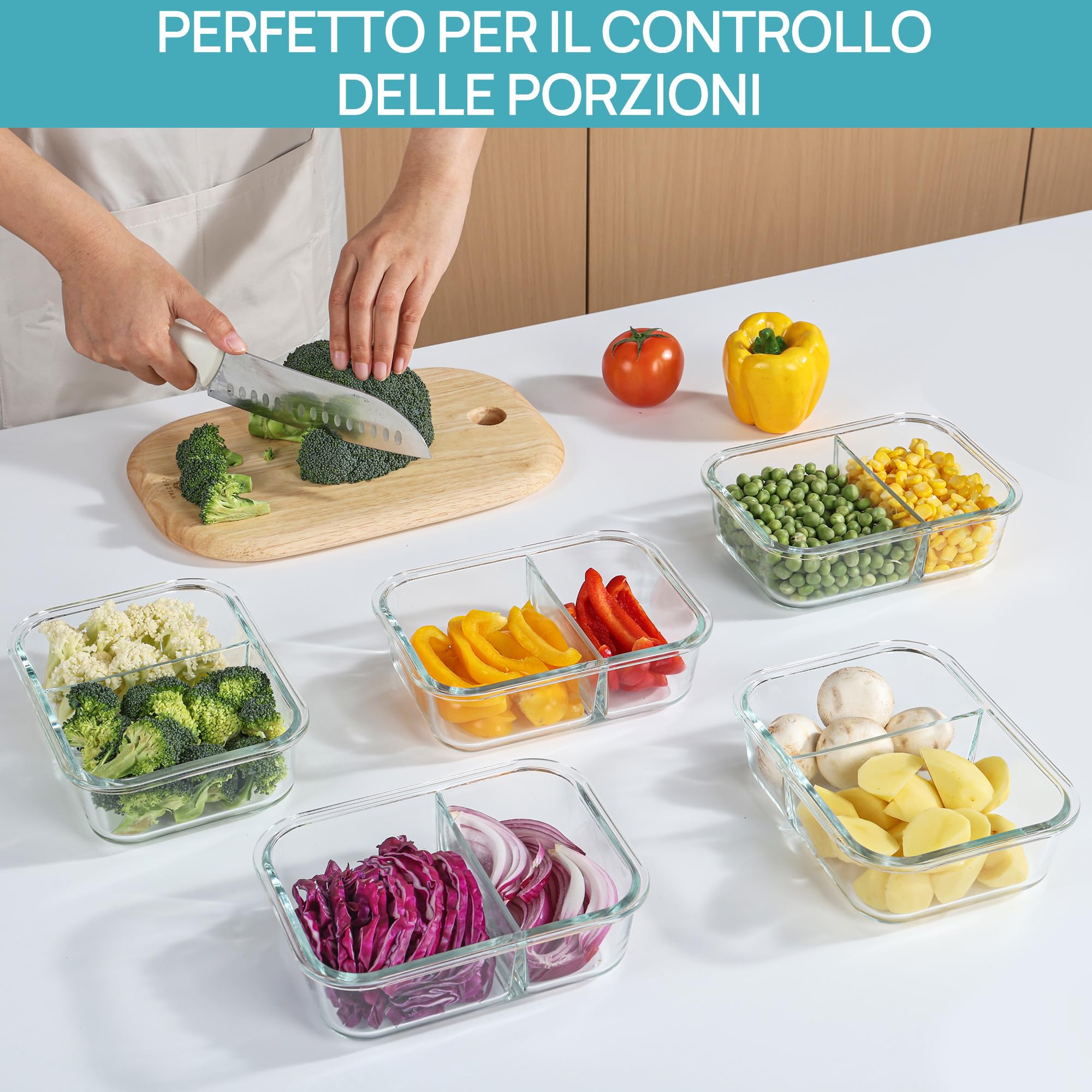 Vtopmart Set di 5 Contenitori Vetro per Alimenti Con 2 Scomparti, Porta Pranzo Vetro con Coperchio, Contenitori Ermetici per Alimenti,Adatti A Freezer, Microonde E Lavastoviglie, Senza BPA