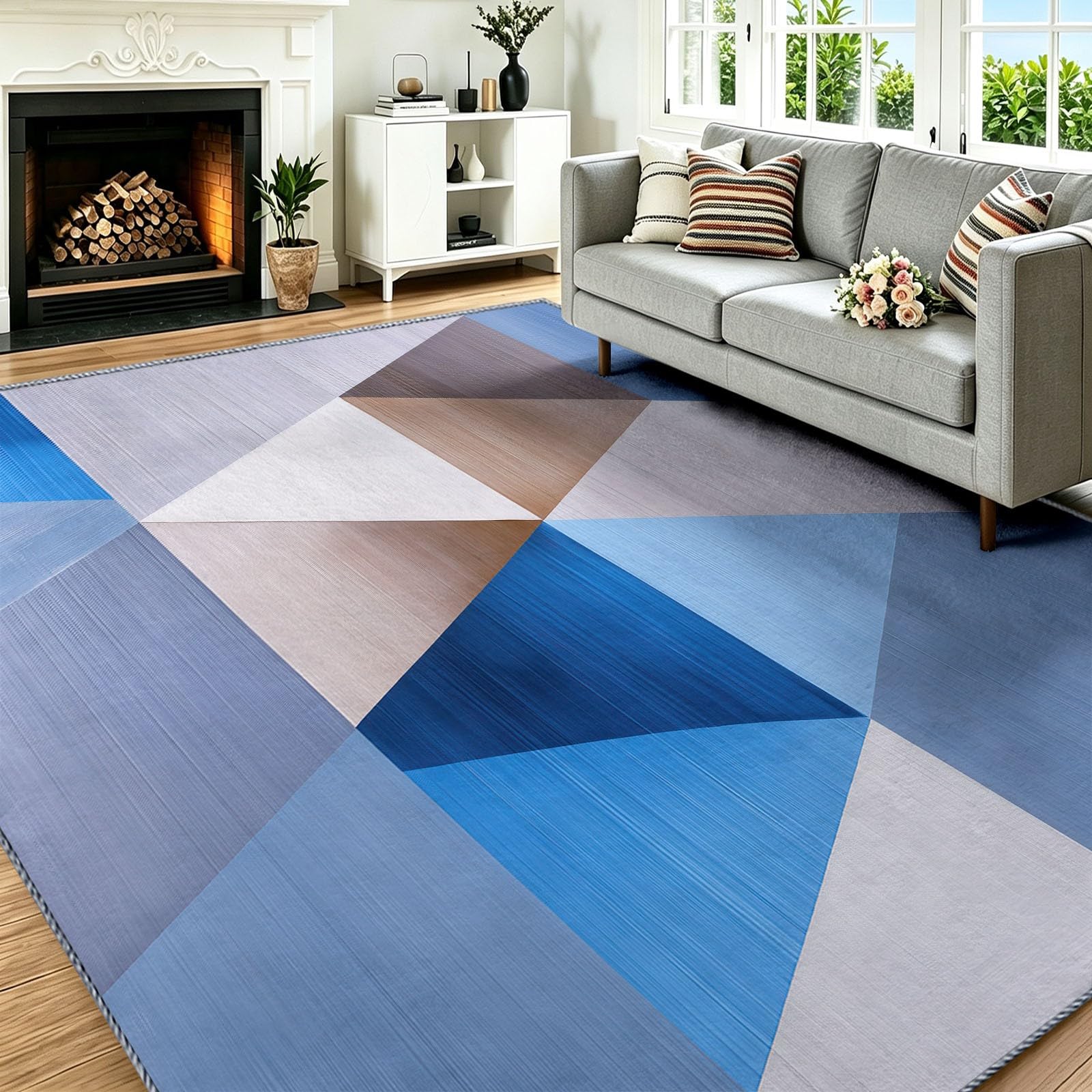 Tapis de salon 80x150 imprimé graphique bleu, tapis moderne lavable pour chambre