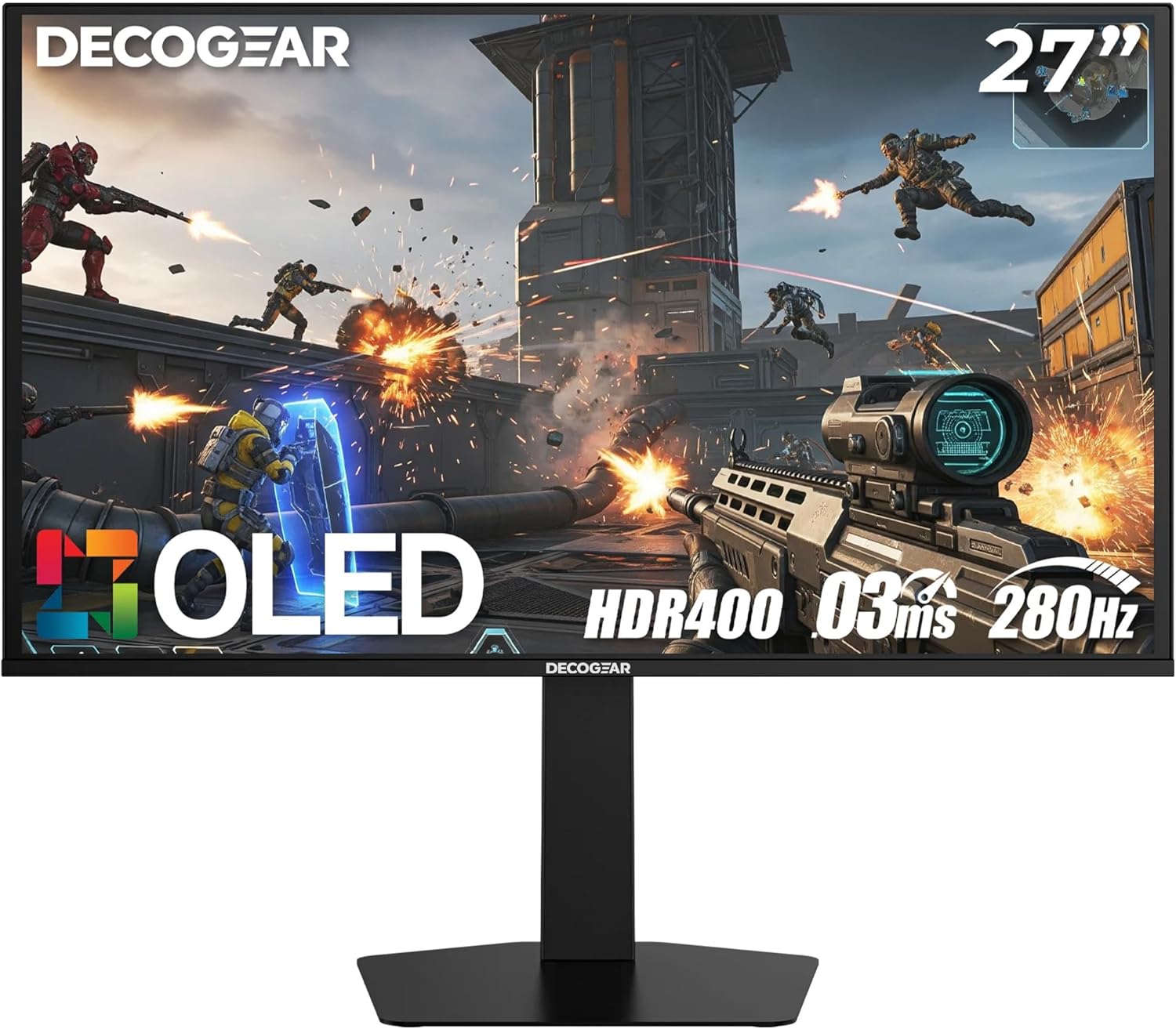 Deco Gear 27 QHD OLED Gaming Monitor | 280Hz 0.03ms Response, HDR400, Adaptive Sync, 99% sRGB, 1.5M:1 Contrast, Borderless Design, Height Adjustable Stand, HDMI 2.1, DisplayPort 1.4