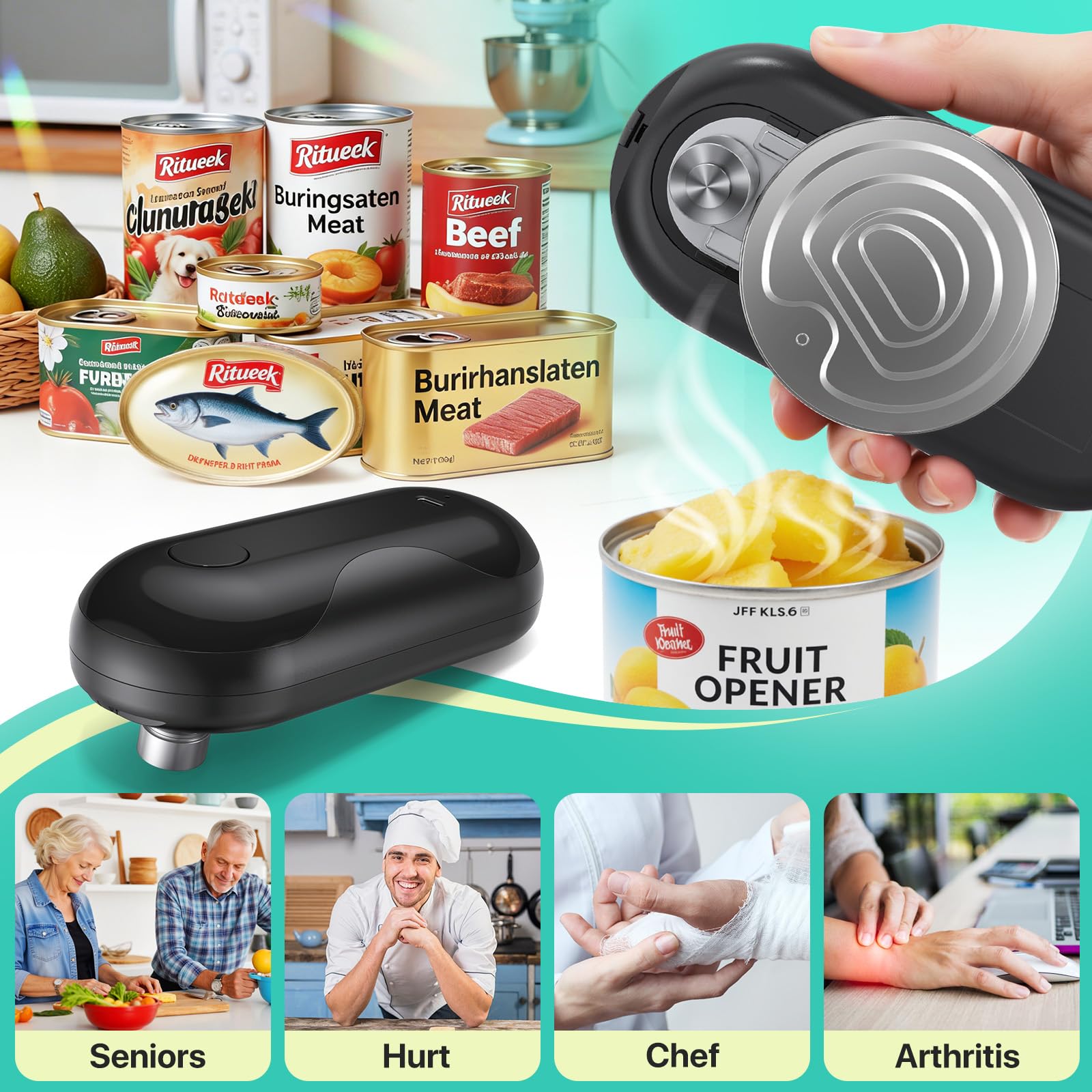 Electric Can Opener, Auto-Stop, Rechargeable, Side-Cut Smooth Edge, Hands Free Automatic Can Opener for Seniors & Arthritis Patients (Orange) — view 7