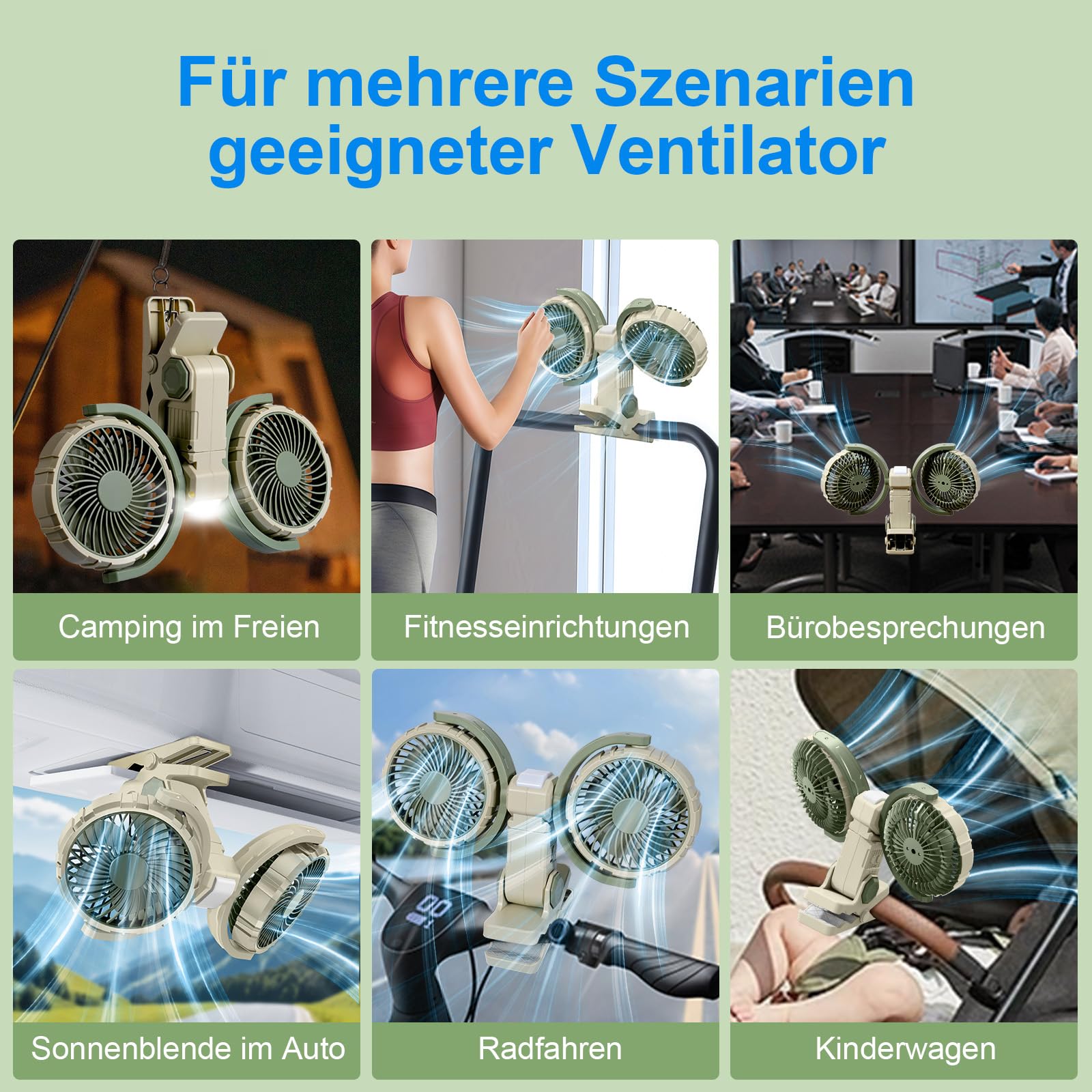 Ventilatore da tavolo a doppia testa con clip on a batteria, USB ricaricabile, rotazione a 360 gradi, ventilatore di raffreddamento personale silenzioso, può essere fissato ai veicoli, verde