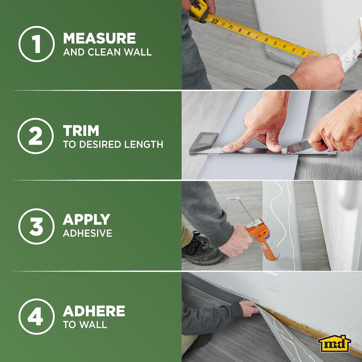 M-D Building Products 4-Inch x 120-Feet Dry Back Vinyl Wall Base, Flexible Dry Back Vinyl Trim with Toe - Easy Install Molding Trim for Floors, Baseboards, Bulk Roll, Black (75457)