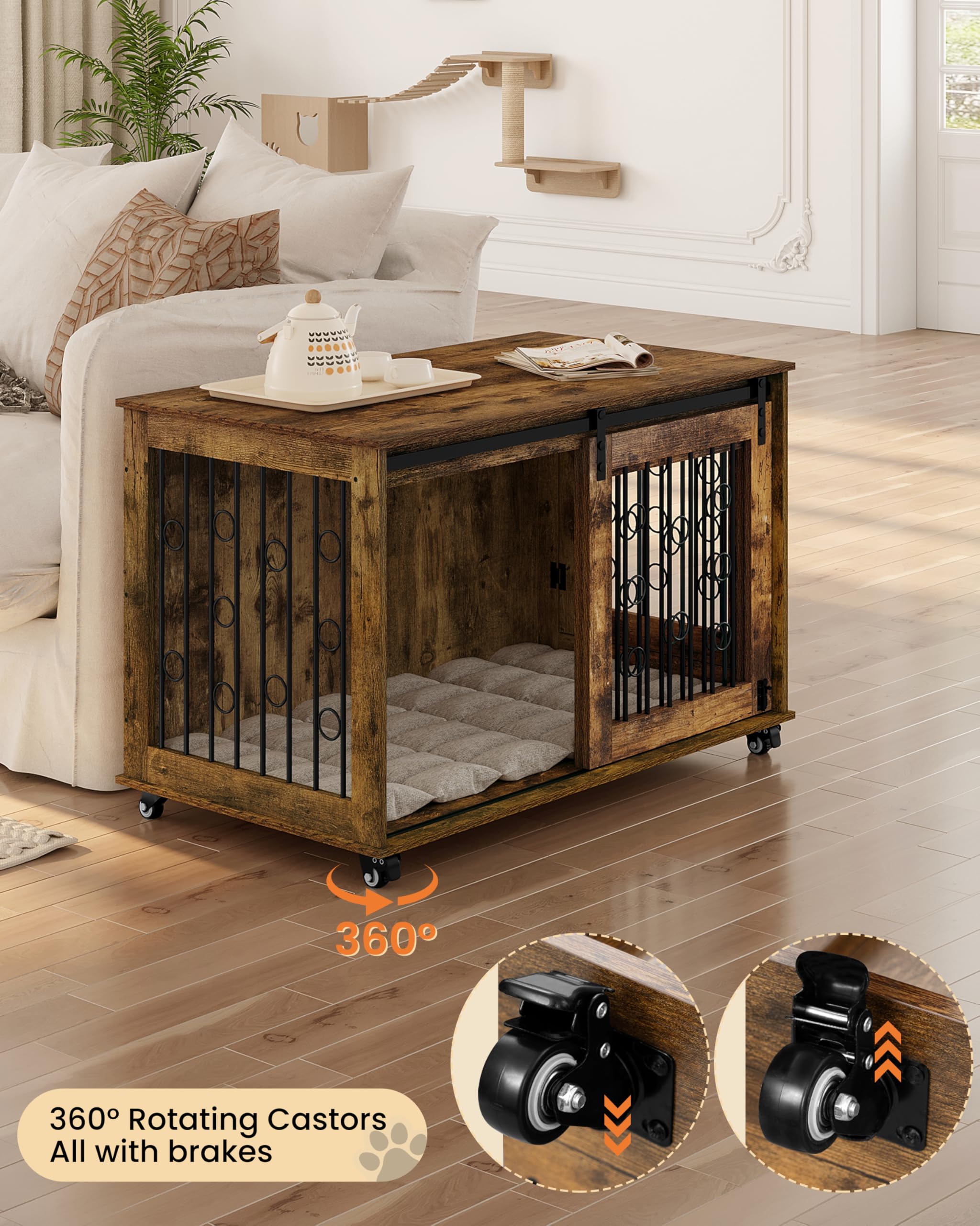 EUGAD 100cm Gabbia per Cani, Mobile Kennel per Cani da Interno, Kennel Cane in Legno con 2 Porte Ruote 360° Gabbie per Cane Medio Grande, Dog Crate Arredamento Marrone Vintage 100x56x65cm