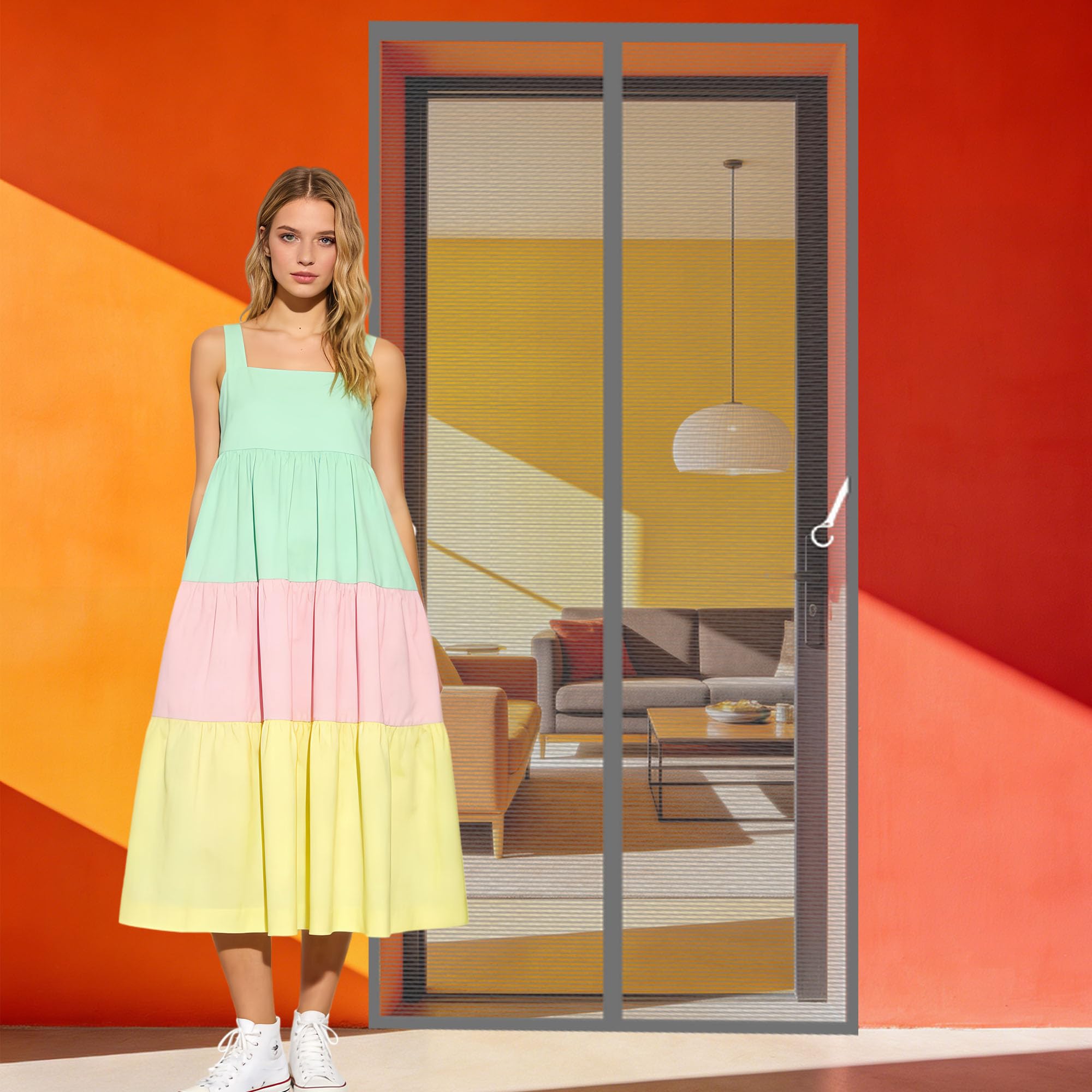 Magnetic Door Screen 126 x 205 cm Self Sealing Magnetic Fly Screen Door Curtains with Powerful Magnets Full Frame Magic Tape for Living Room, Bedroom, Patio, Grey
