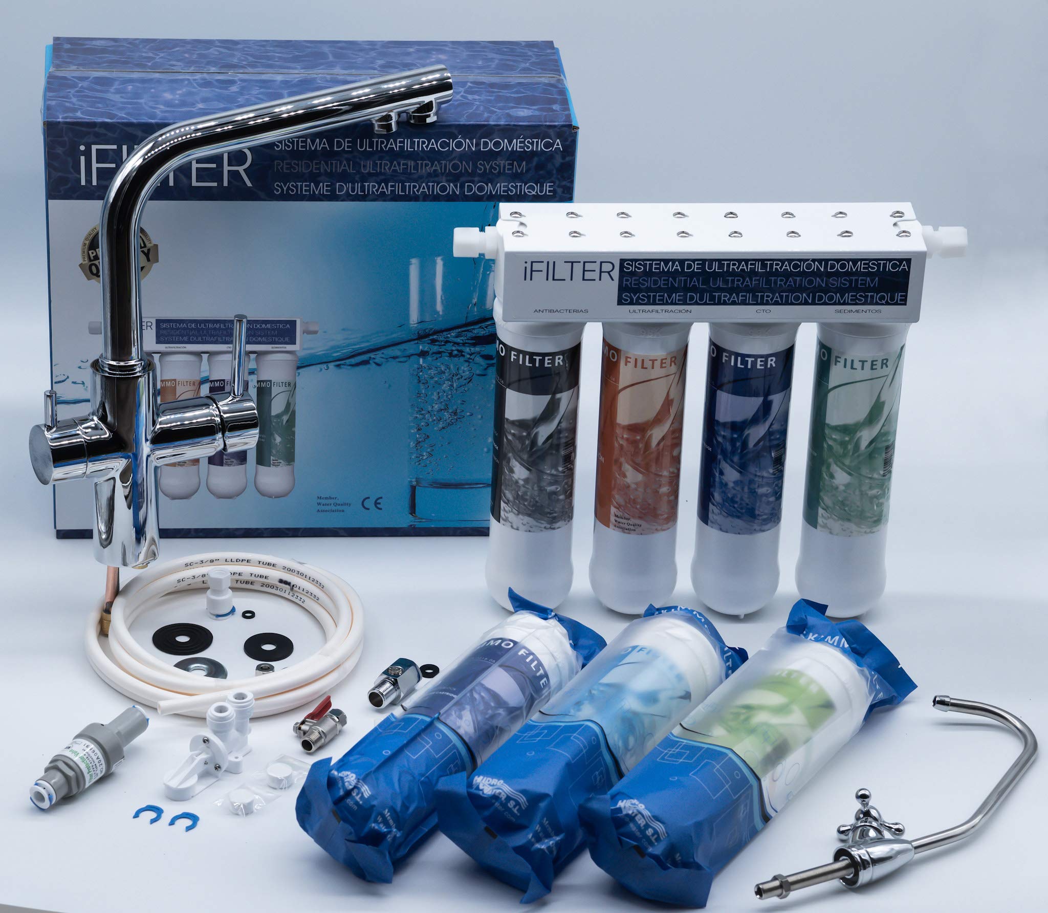 Equipo de Filtrado de Agua iFILTER + CLEVER CAIMÁN (Grifo Fregadero + Osmosis) | Sistema de Ultrafiltracion de Agua | Incluye 2 Recambios de Filtros | Diseño Exclusivo (Fabricante: Hidro-Water S.L)