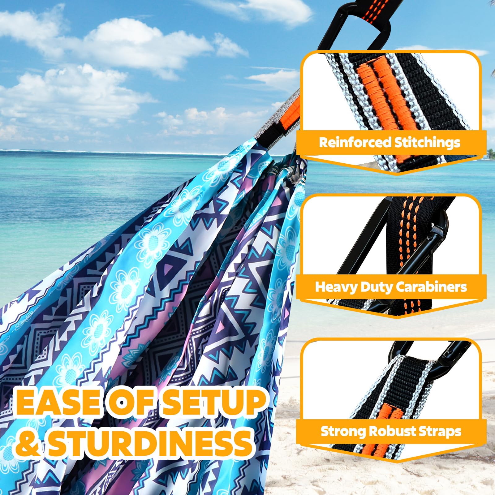 NATUREFUN Amaca da Campeggio per Viaggi Ultraleggeri | capacità di carico 300 kg, (275x140 cm) Asciugatura Rapida Antirughe | 2x Moschettoni Premium, 2x Imbragature in Nylon Incluse | Interno Esterno