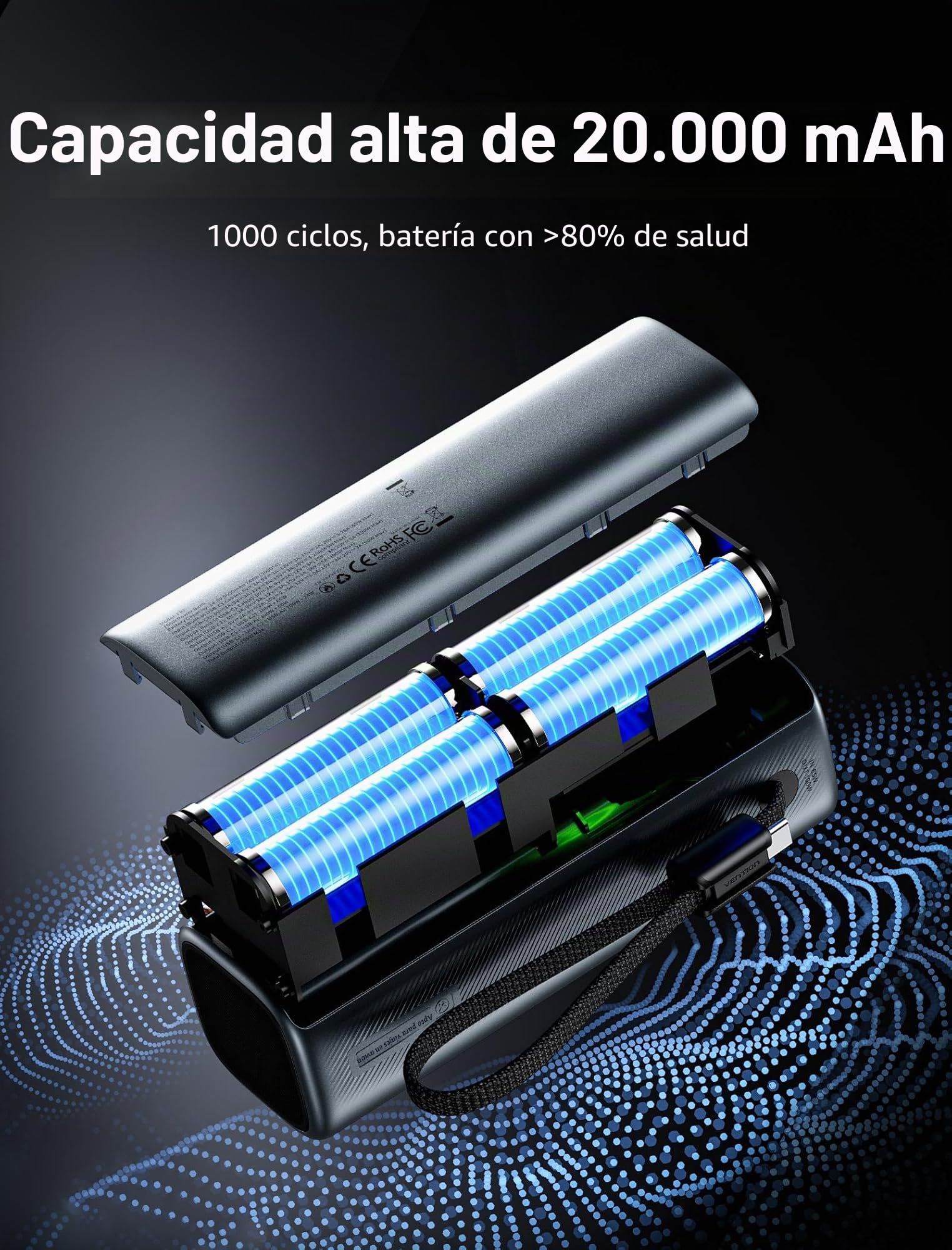 VENTION Power Bank 20000 mAh 165W, batería Externa Carga rápida con Pantalla Digital y animación Emoji, Cable USB-C Integrado, 2×100W USB-C + USB-A, para MacBook Pro, DELL/HP, iPhone 17/16/15, Galaxy