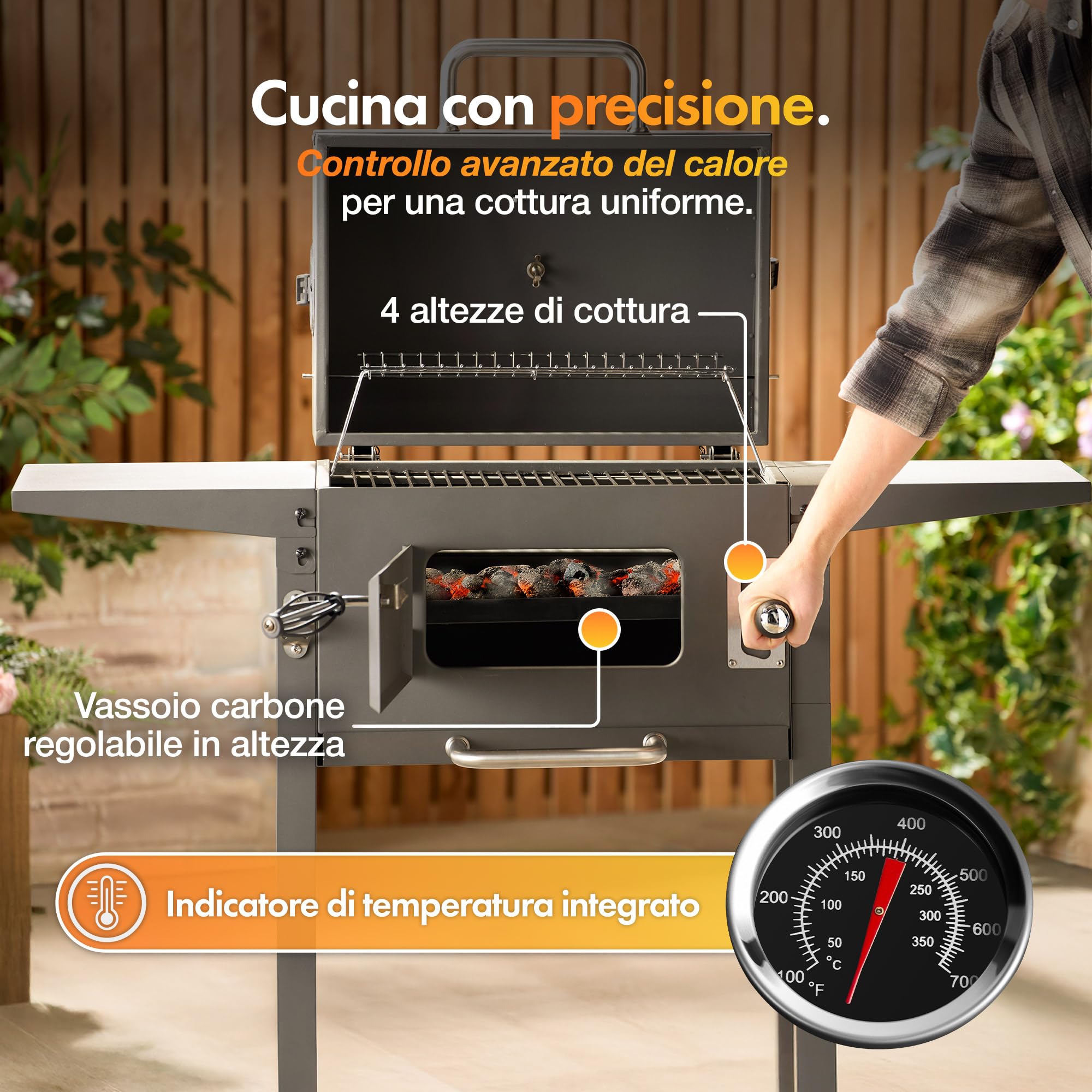 VonHaus Barbecue a Carbone – Barbecue con Griglia Scaldavivande, Altezza Regolabile, Termometro – Portatile, Cassetto Cenere, Ripiano, 2 Tavolini Laterali Pieghevoli, Ruote – Carne, Pesce e Verdure