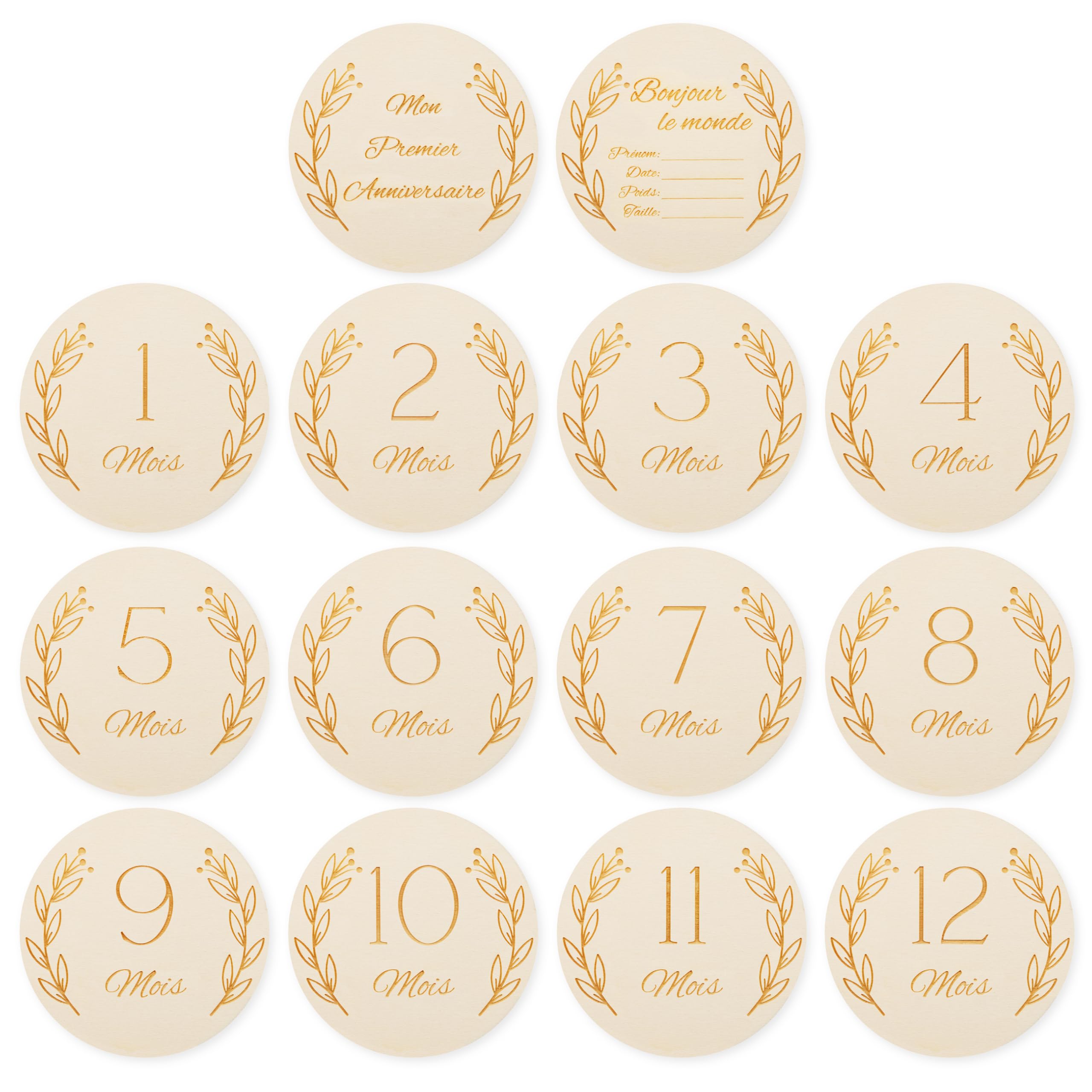 Lot de Disques en Bois Repères Mensuels Bébé avec Sac de Rangement – Accessoires Photo Nouveau-Né, Panneau Hello World Naissance, Souvenirs Mon Premier Anniversaire (1–12 Mois)