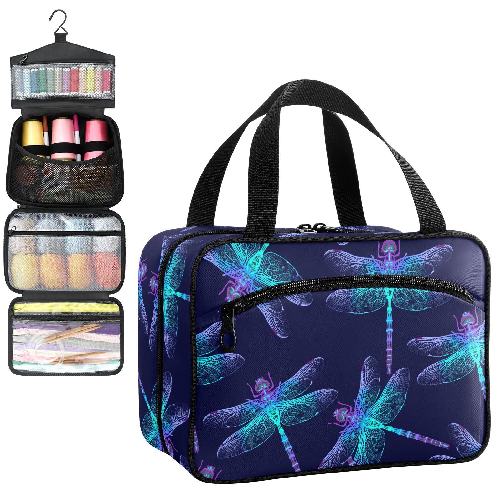 YNNALE Sewing Supply Organizer Bag, Galaxy Colored Dragon Fly Purple Black Portable Sewing Bags with Pockets&Hanger, Sewing Storage Box Case for Sew Supplies/Kit/Tools/Accessories (BAG ONLY)