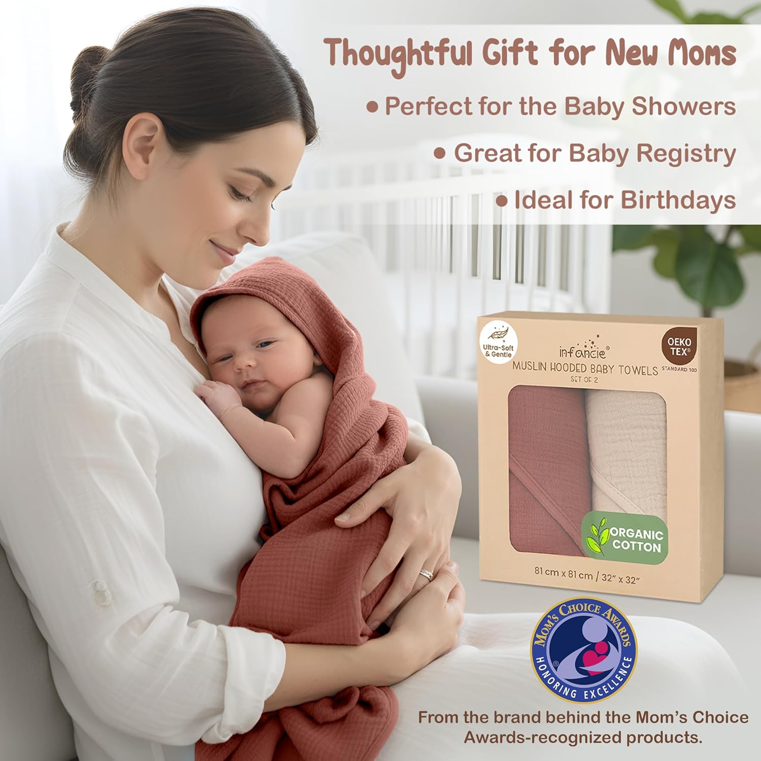 100% Organic Cotton Muslin Baby Hooded Towels 32x32 Inch – 2 Pack Soft & Absorbent Newborn Bath Towels for Boys & Girls, Premium Hooded Towels, Ultra-Gentle Baby Essentials in Rust/Ivory