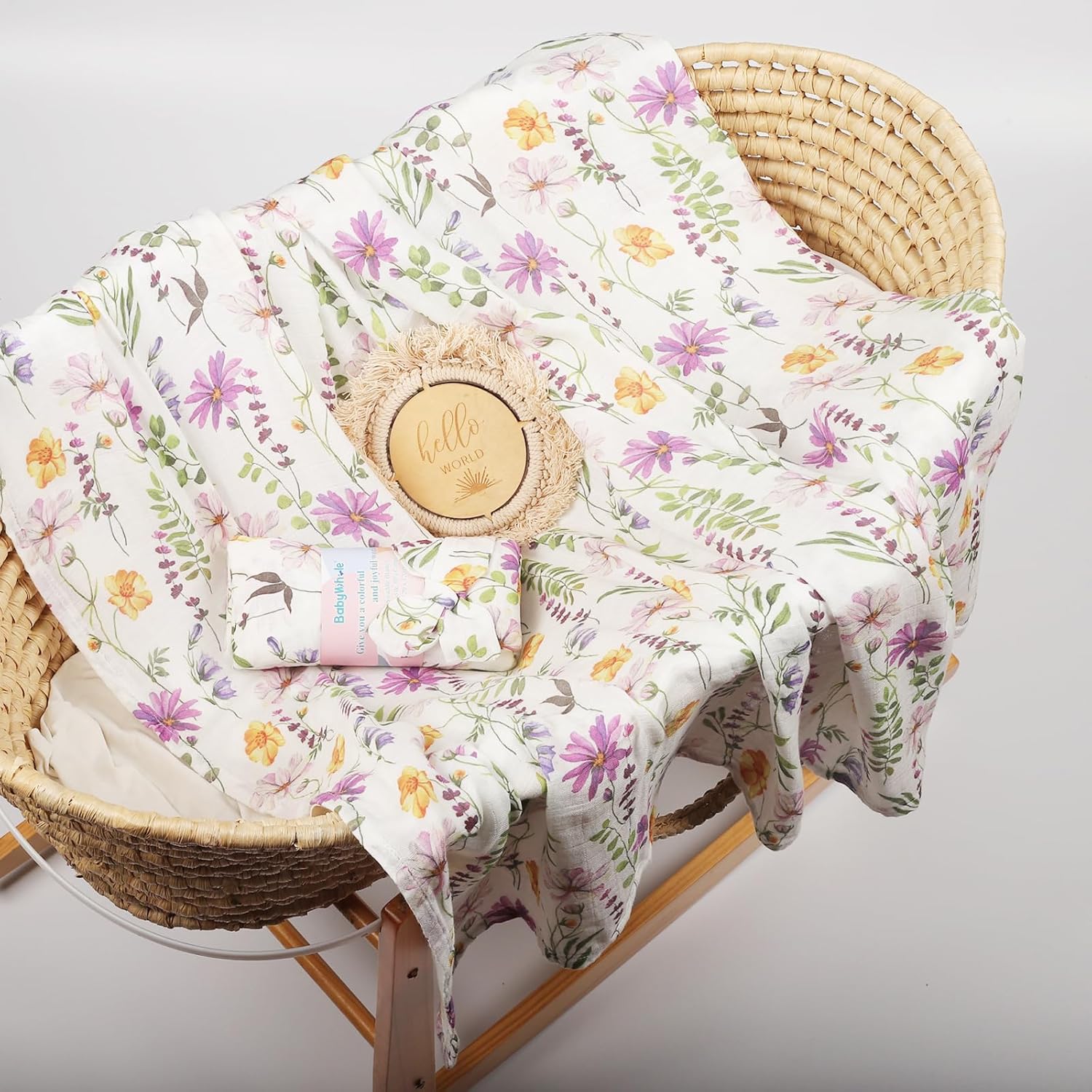 Baby Muslin Swaddle Blankets for Boys & Girls, Newborn Swaddle Set with Matching Headband Bow, 47 x 47 inches, Neutral Infant Blanket Wrap, Wildflower Pattern, 70% Viscose from Bamboo and 30% Cotton - Image 6