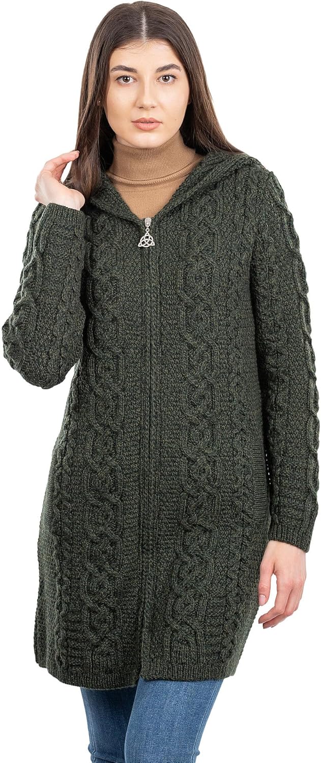 SAOL 100% Merino Wool Aran Irish Cardigan for Women with Pockets, Hood and Celtic Zipper - Image 2