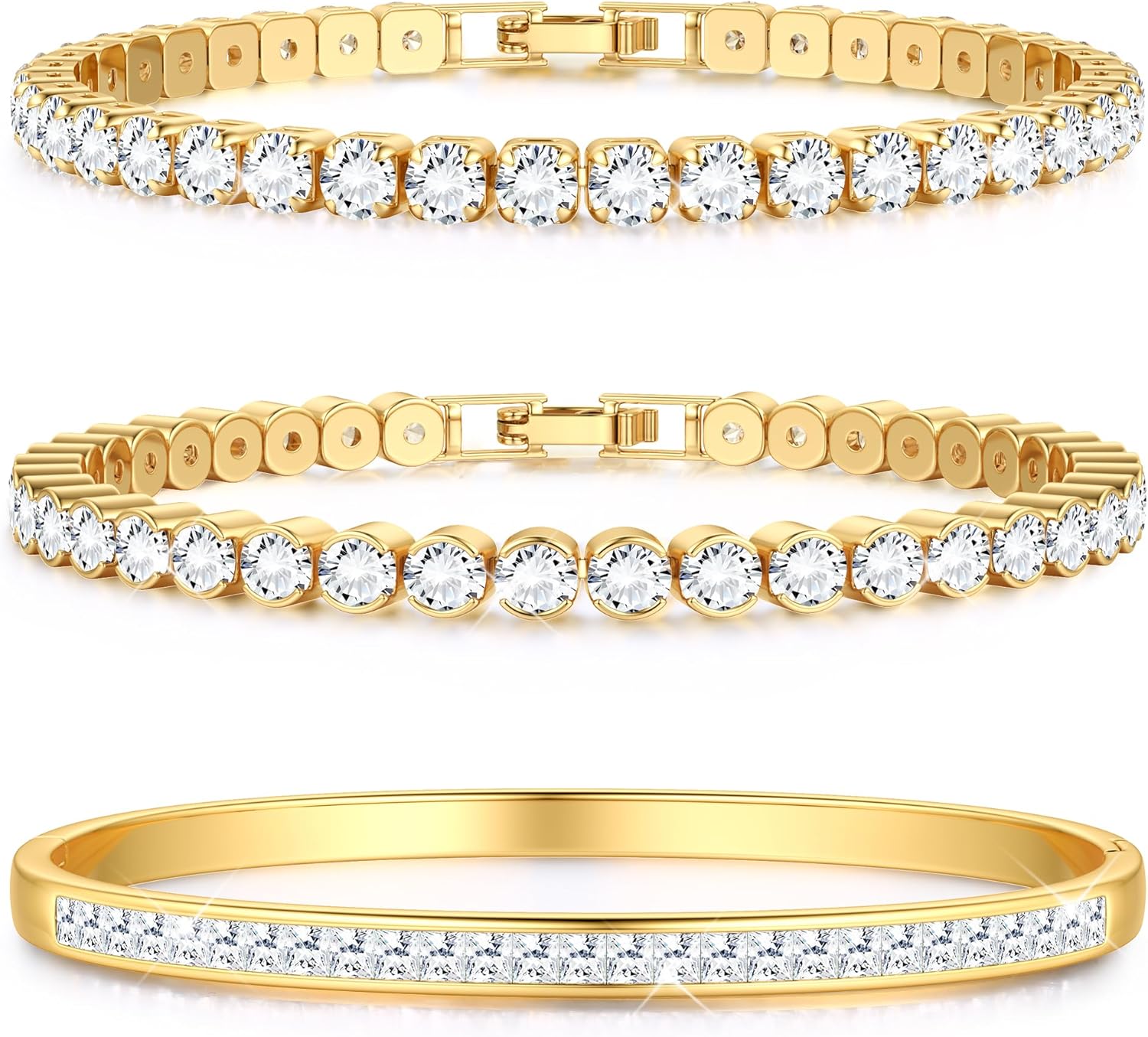 Yadoca Tennis Bracelets for Women Gold Bangle Bracelet Set 18K Gold Plated Stackable Cubic Zirconia CZ Diamond Bracelets Stack Wedding Bracelets for Brides Dainty Jewelry Gift Sizes 6.5-7.5 Inch 3Pcs