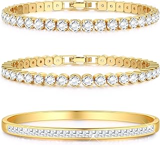 YADOCA Tennis Bracelets for Women Gold Bangle Bracelet Set 18K Gold Plated Stackable Cubic Zirconia CZ Diamond Bracelets Stack Wedding Bracelets for Brides Dainty Jewelry Gift Sizes 6.5-7.5 Inch 3Pcs