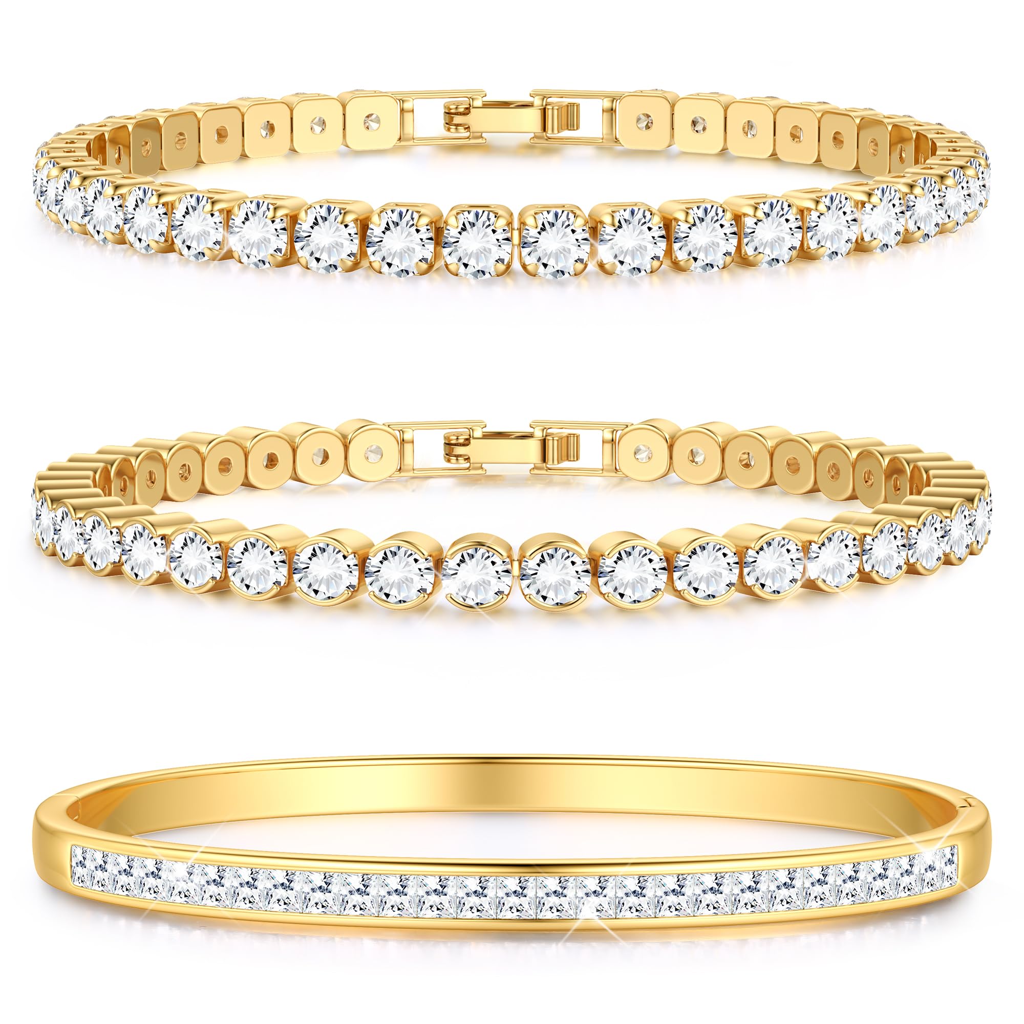 YADOCA Tennis Bracelets for Women 18K Gold Plated Bangle Bracelet Set | Stackable Cubic Zirconia CZ Bracelets Stack Diamond Wedding Bracelets for Brides Dainty Jewelry Gift Sizes 6.5-7.5 Inch 3Pcs GOLD 7 inch bracelet (recommended for 6.5–6.75" wrist)