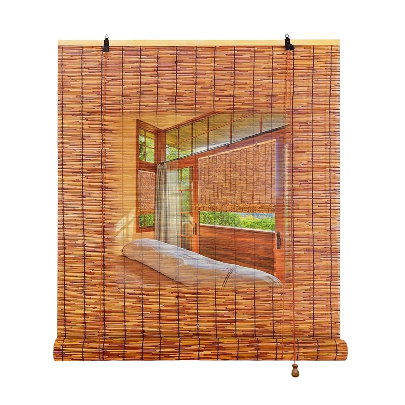 Cortina de bambú natural de 150 x 170 cm, respetuosa con el medio ambiente, protección solar, ajustable, para decoración del hogar, ligera y elegante tratamiento de ventanas
