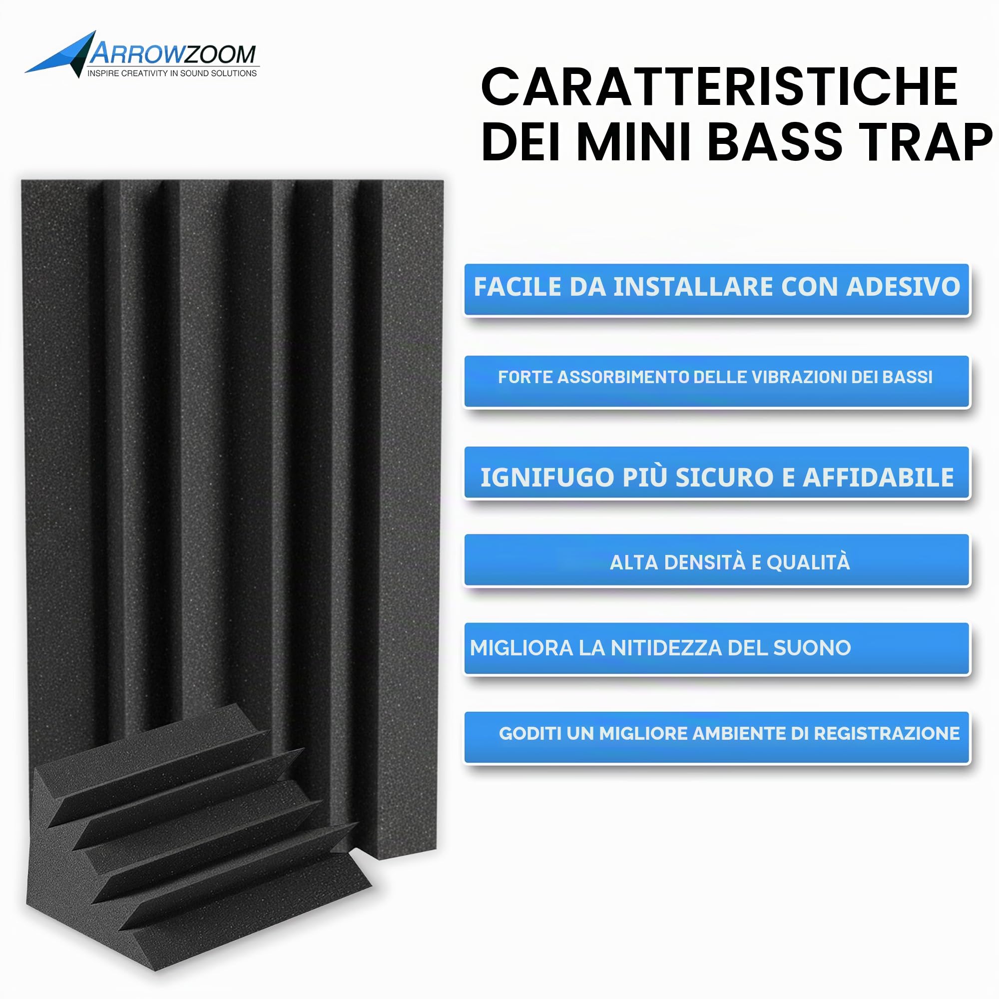 Arrowzoom 12 Pannelli Fonoassorbenti Bass Trap Correzzione acustica Ritardante di Fiamma Isolamento Acustico 12x12x24cm Nero