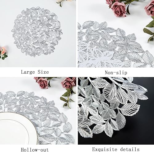 Miniatura 5 de Juego de 6 manteles individuales plateados de hojas redondas, antideslizantes, lavables, para cena, fiesta, decoración del hogar, centro de mesa de
