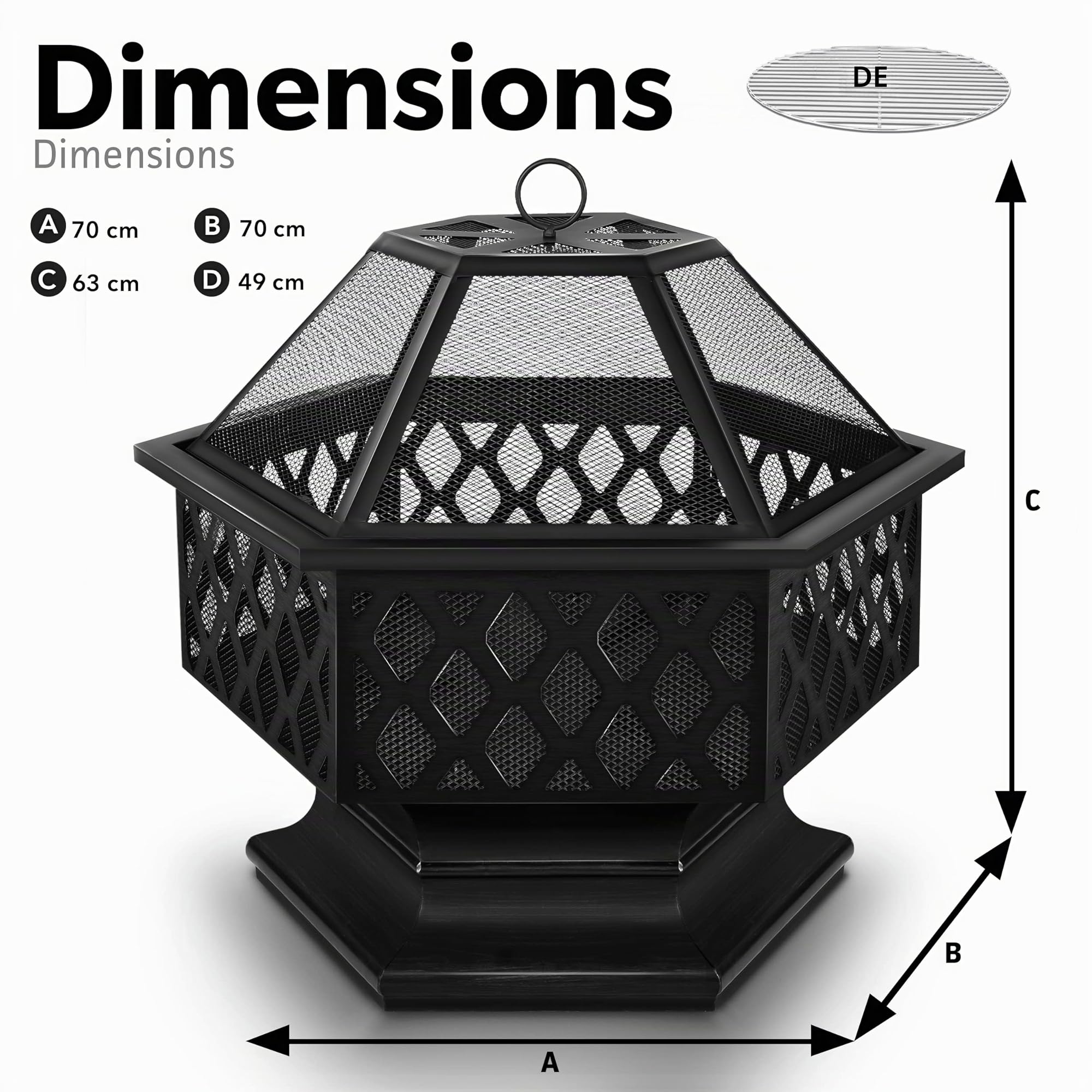 tillvex Brasero Extérieur BBQ | Foyer Poêle pour Jardin, Terrasse | Chauffage avec Gril-Le à Charbon + Couvercle | Cheminée Feu pour Barbecue avec Tissonier Noir (Hexagonal)