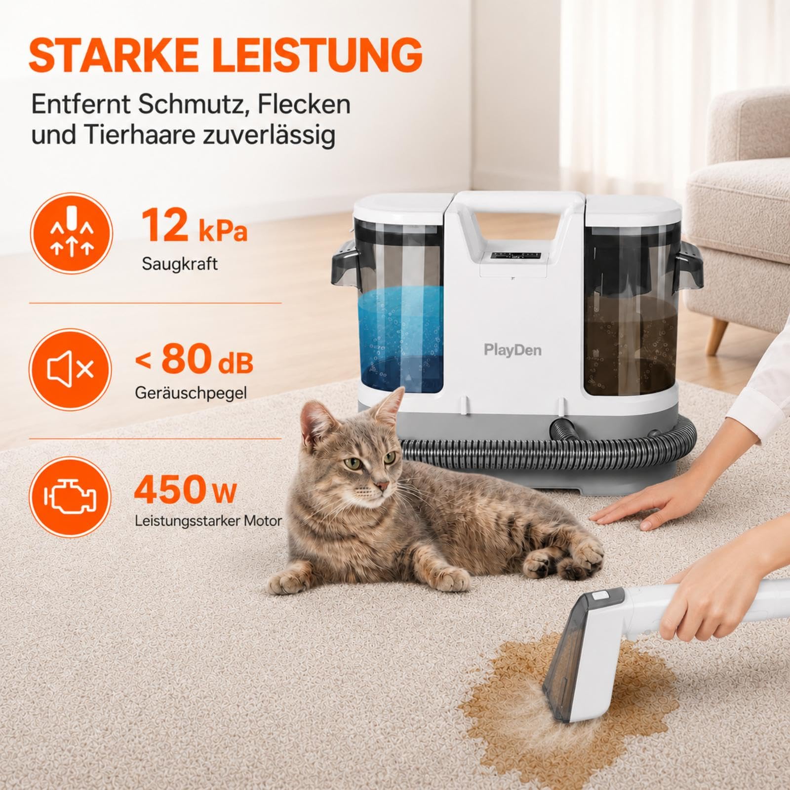 Polsterreiniger Gerät Nasssauger Waschsauger, 450W Waschsauger Teppichreiniger, 12Kpa Polsterreiniger Gerät Mit Tierhaarbürste für Sofa, Teppich, Polster Autositze und Treppen
