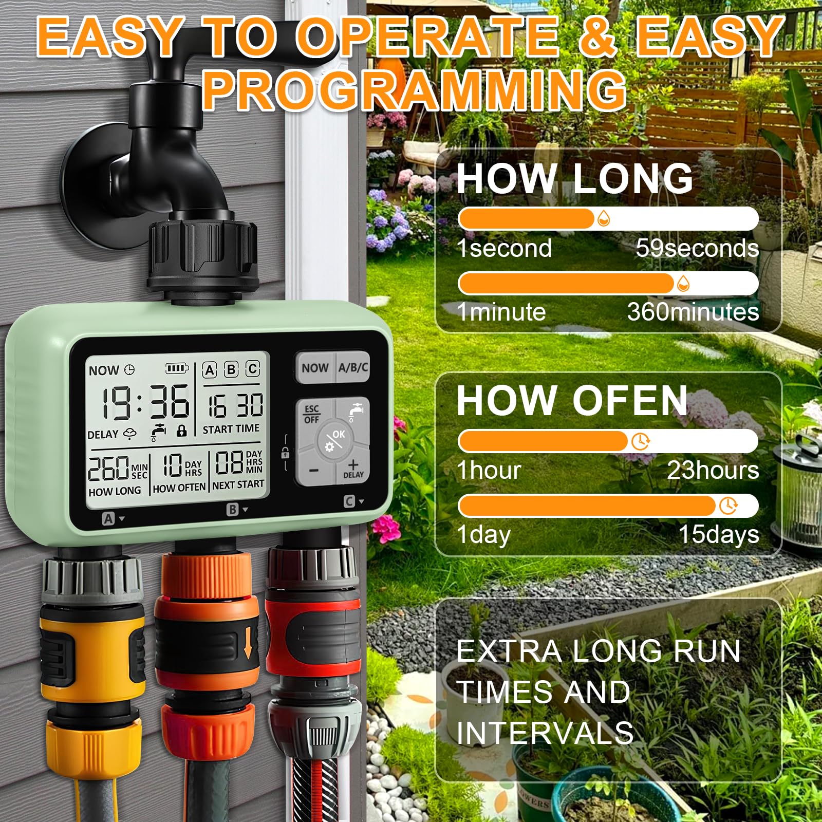 Automatischer Bewässerungstimer, Gartenbewässerungstimer mit LCD Display, 3 Strecken Wasserhahn Timer anschließen, Kindersicherungsmodus, Verzögerte Bewässerung Nach Regen, IPX5 Wasserdicht