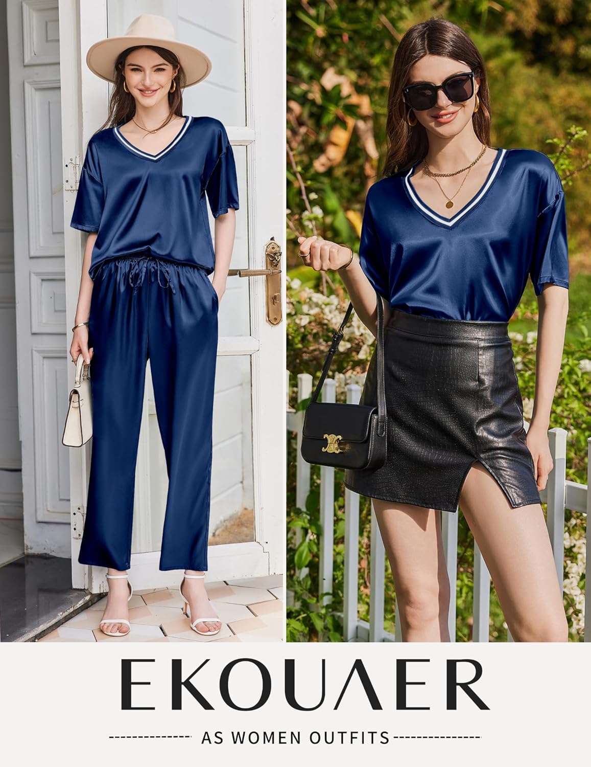 Ekouaer Satin Pajama Set for Women Short Sleeve Silky Pjs 2 Piece Lounge Sets Soft Comfy Sleepwear Loungewear S-XXL - Image 5