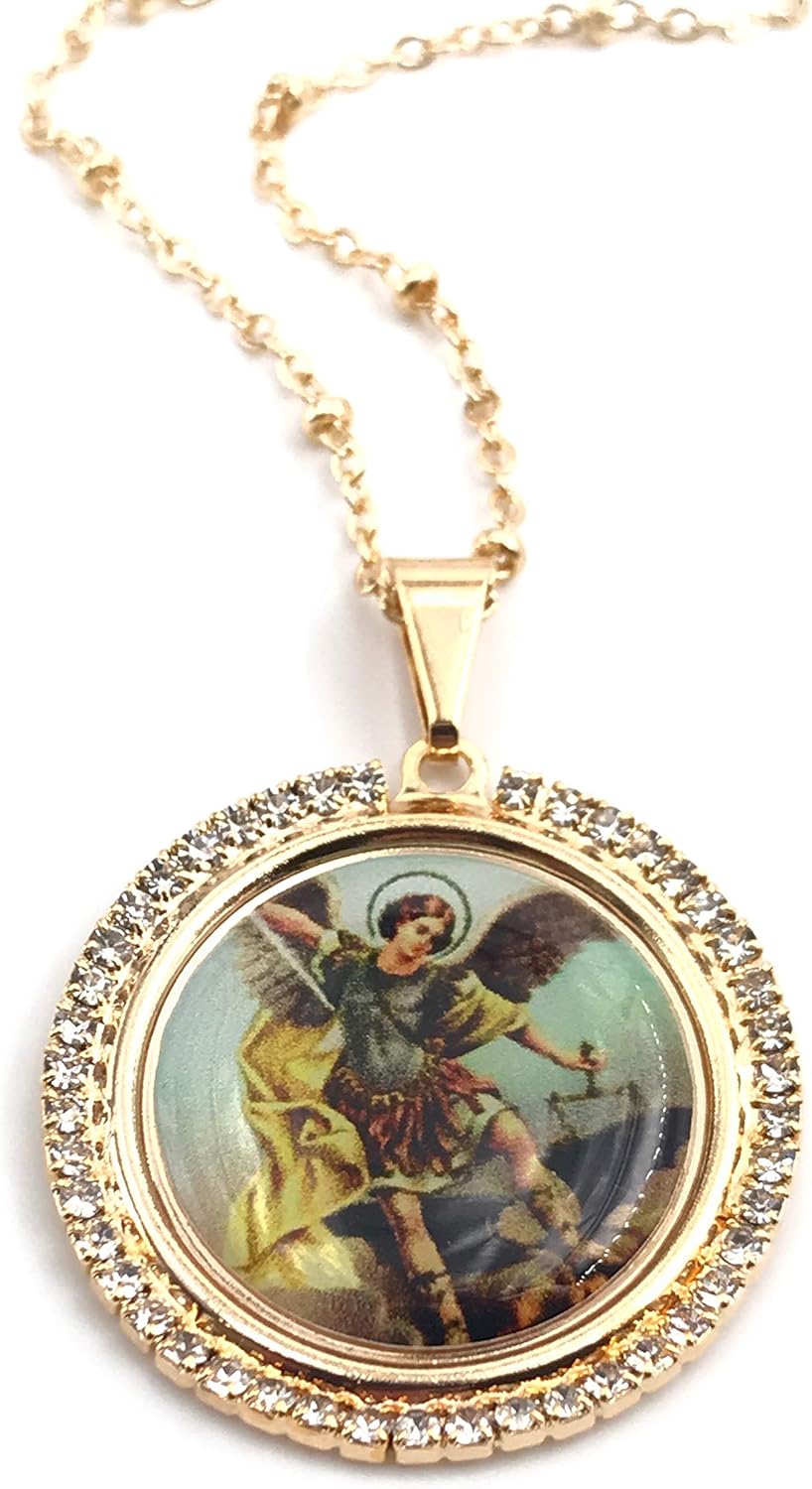 LESLIE BOULES St Michael The Archangel Pendant Necklace 18K Gold Plated Chain 18 Inches Length
