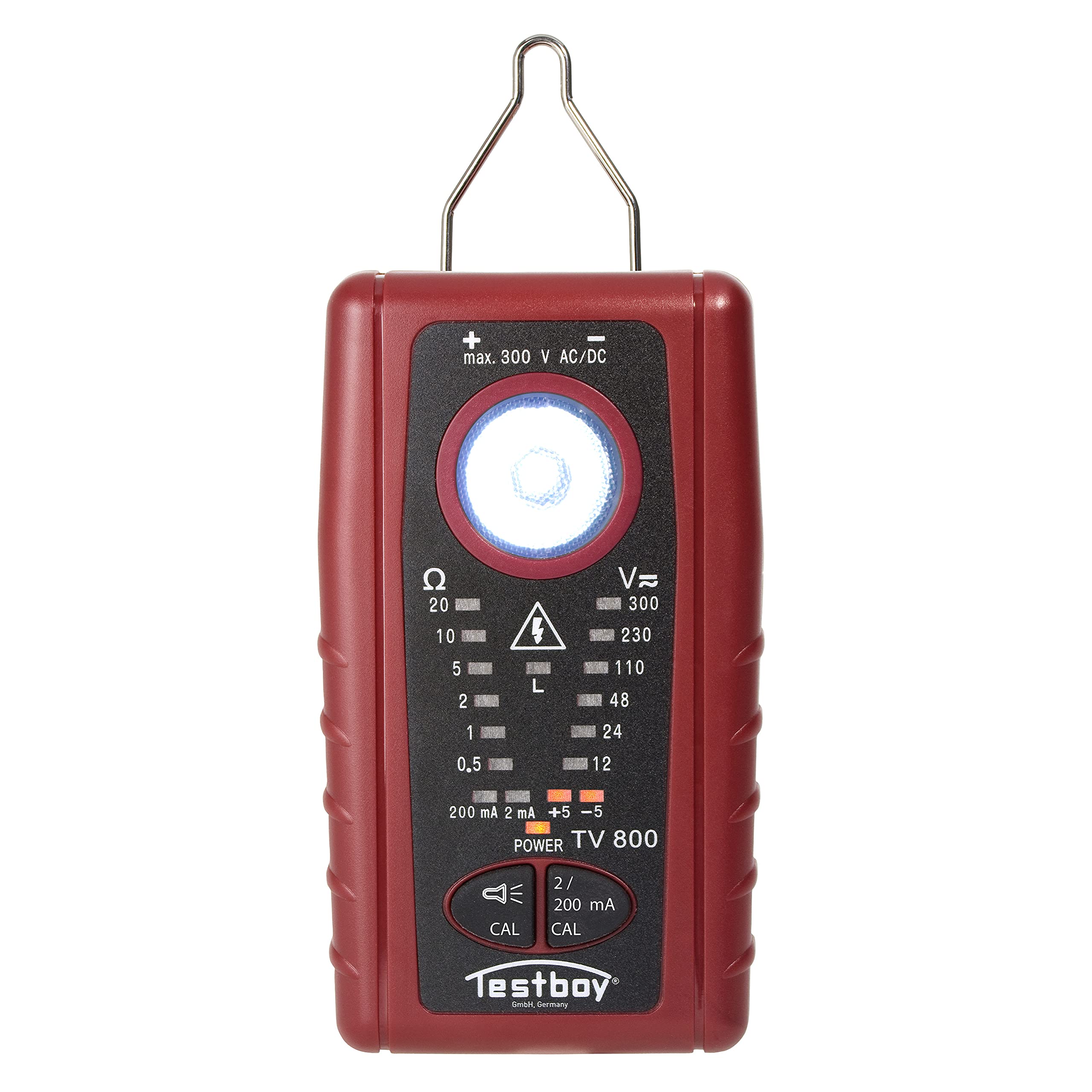 Testboy TV 800 Niederohmprüfgerät mit 200 mA gemäß EN 61557-4 (Durchgangstest inkl. Spannungstest bis zu 300 V AC/DC, integrierte hochleistungs LED, berührungsloser Spannungstester), Rot