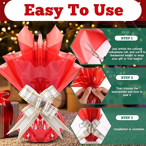 Miniatura 5 de Lyrow 4 rollos de papel de celofán de Navidad de 100 x 16 pulgadas, rollo de celofán rojo y verde con 100 lazos de tracción, hojas de celofán de